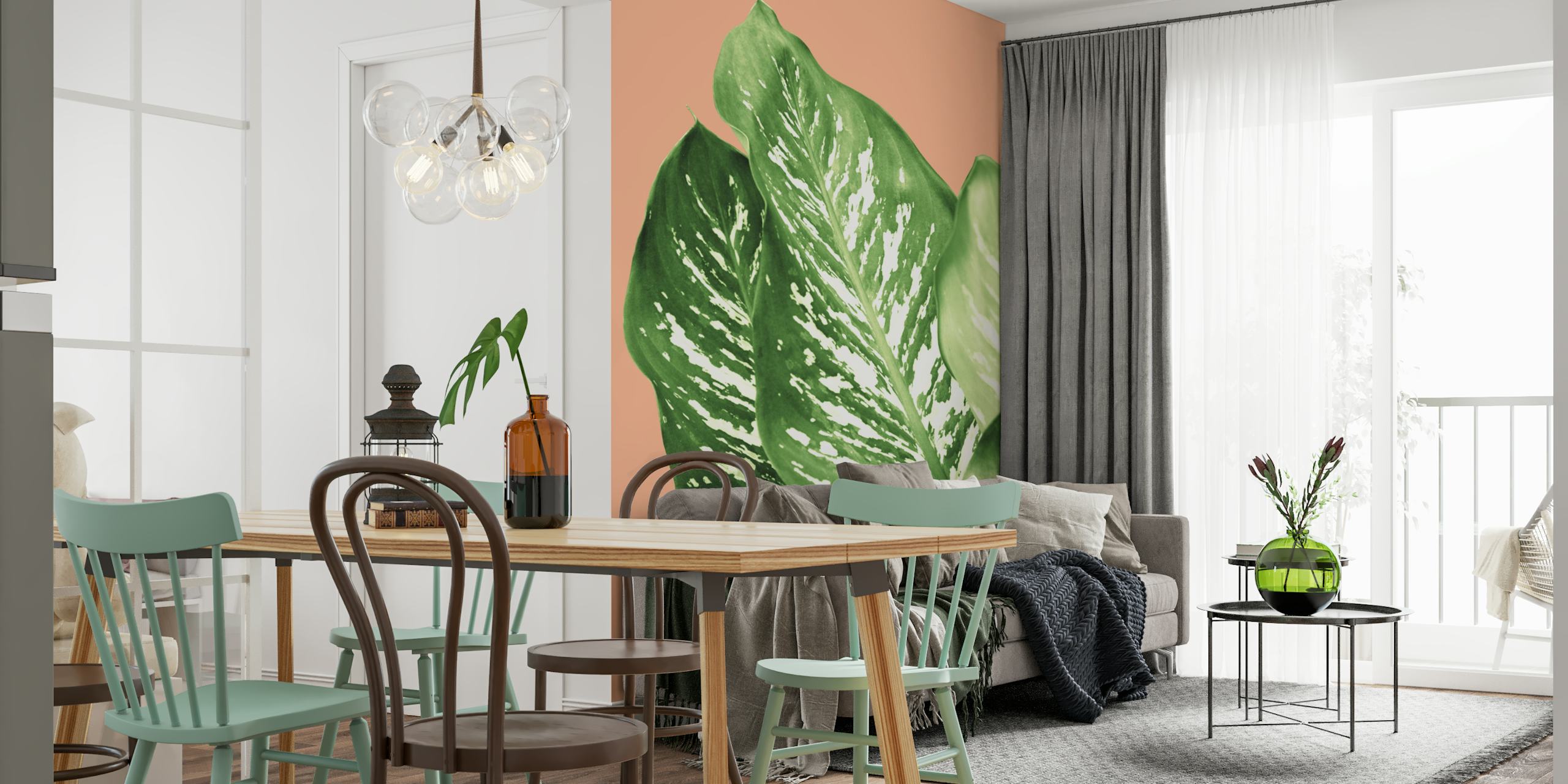 Dieffenbachia Exotic Leaves 1 Väggdekor med frodiga gröna mönster på en korallbakgrund