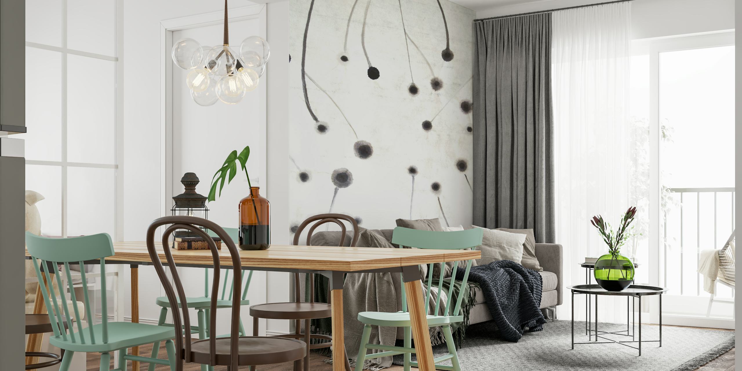 Abstract wall mural depicting sprouting seeds in a minimalistic style with earthy tones.
