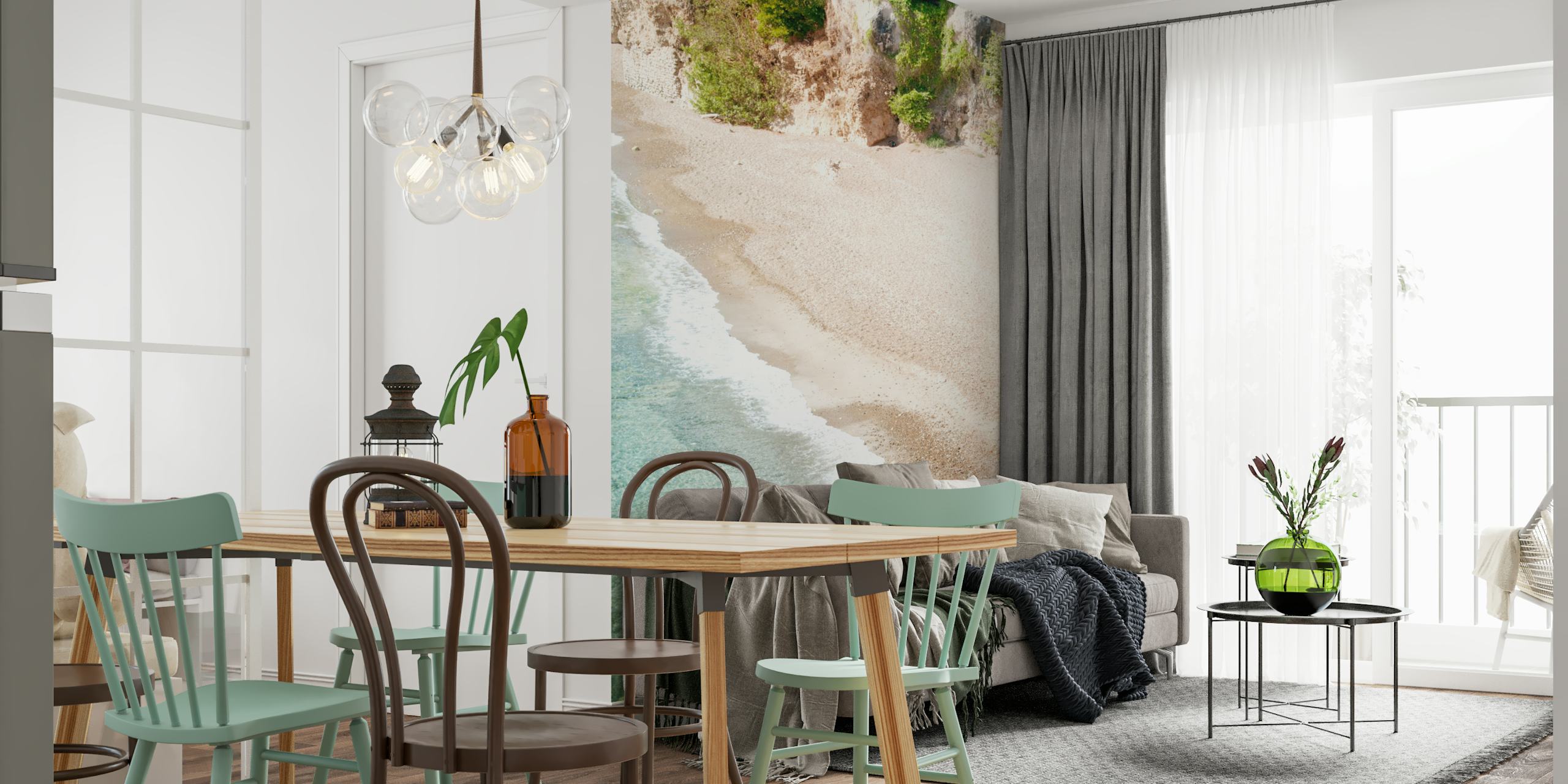 Serene ocean beach wall mural with gentle waves and sandy shore