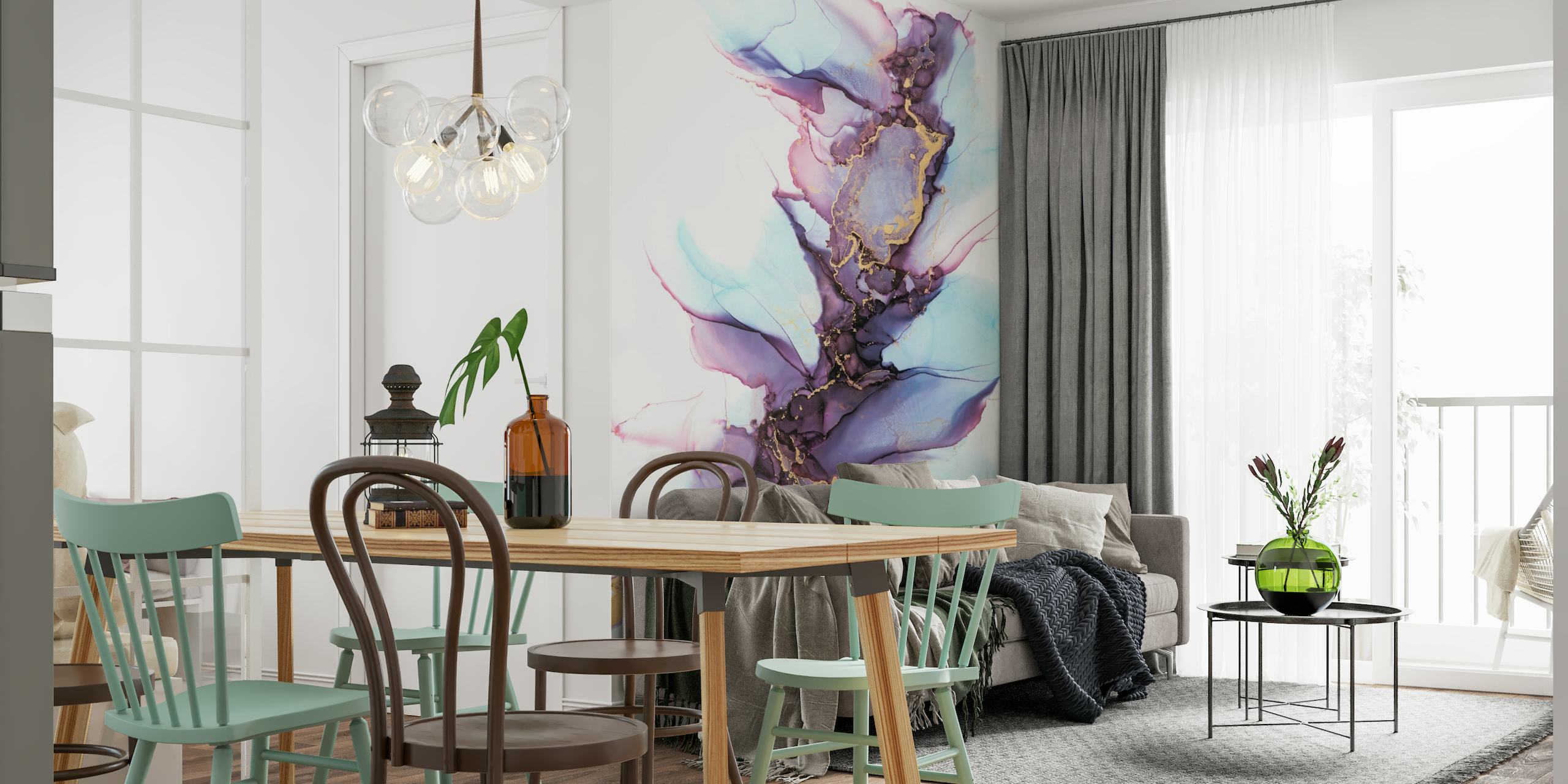 Abstract tri-color ink cloud wall mural with shades of purple, blue, and gold accents