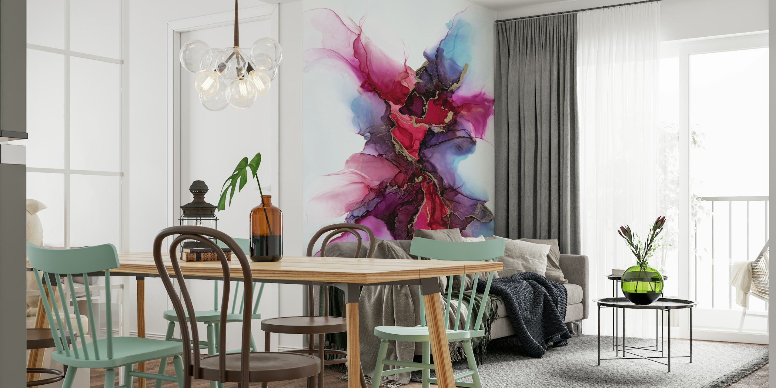 Abstract wall mural with vibrant magenta, purple, and blue inkblot design