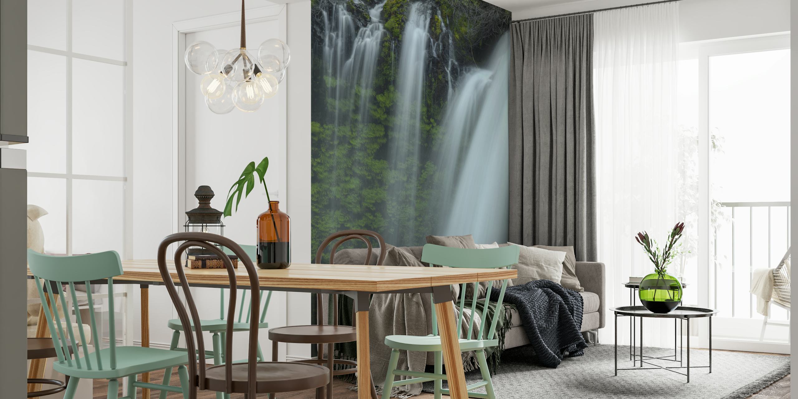 Wall mural of a tranquil waterfall with lush greenery titled Drapes of Grace.