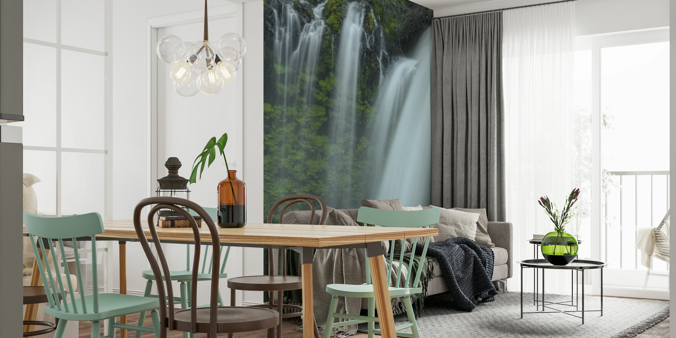 Wall mural of a tranquil waterfall with lush greenery titled 'Drapes of Grace'.