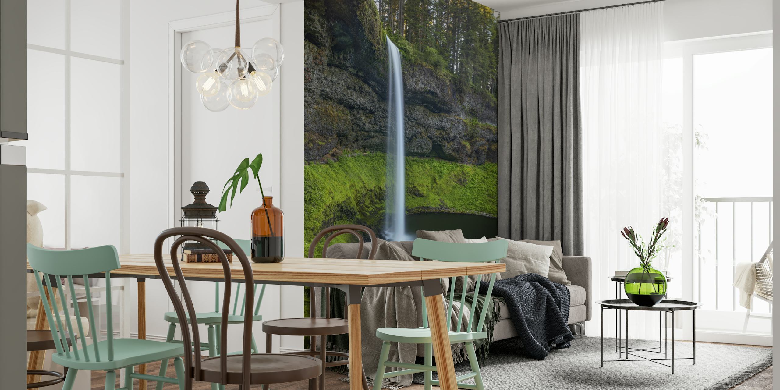 Waterfall surrounded by green foliage and rocky cliffs wallpaper
