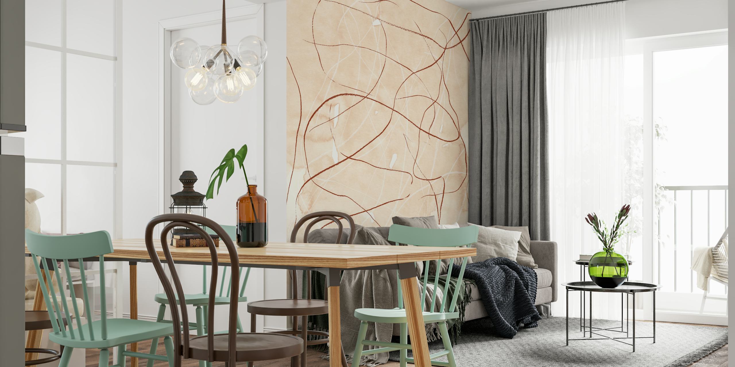 Abstract terracotta scribble design on beige wallpaper