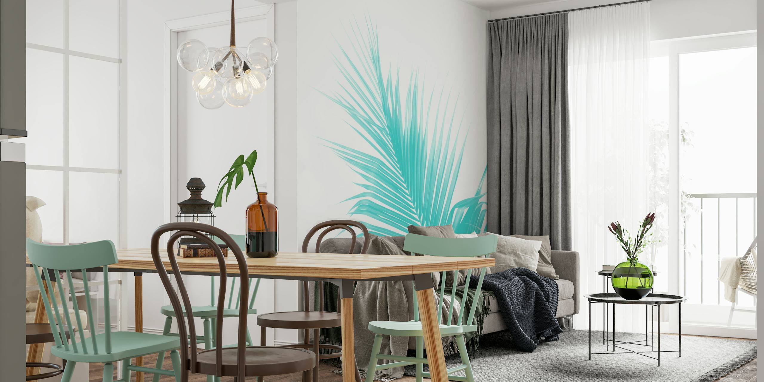 Elegant palmeblad-silhuett på et turkis bakgrunnsveggmaleri