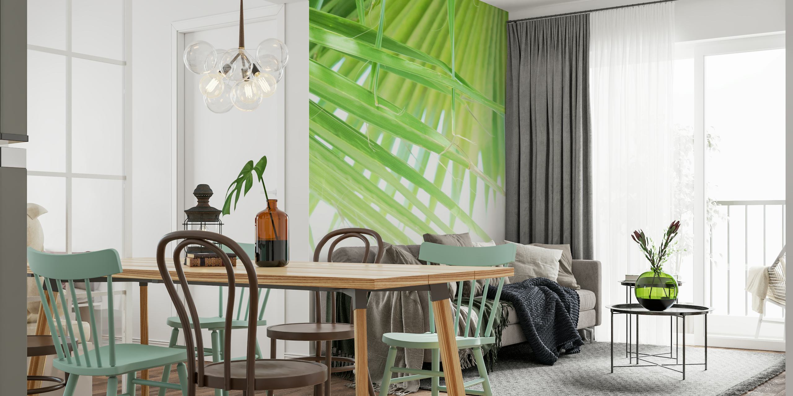 Papier peint mural en forme de feuilles de palmier en éventail vert pour une décoration de pièce rafraîchissante