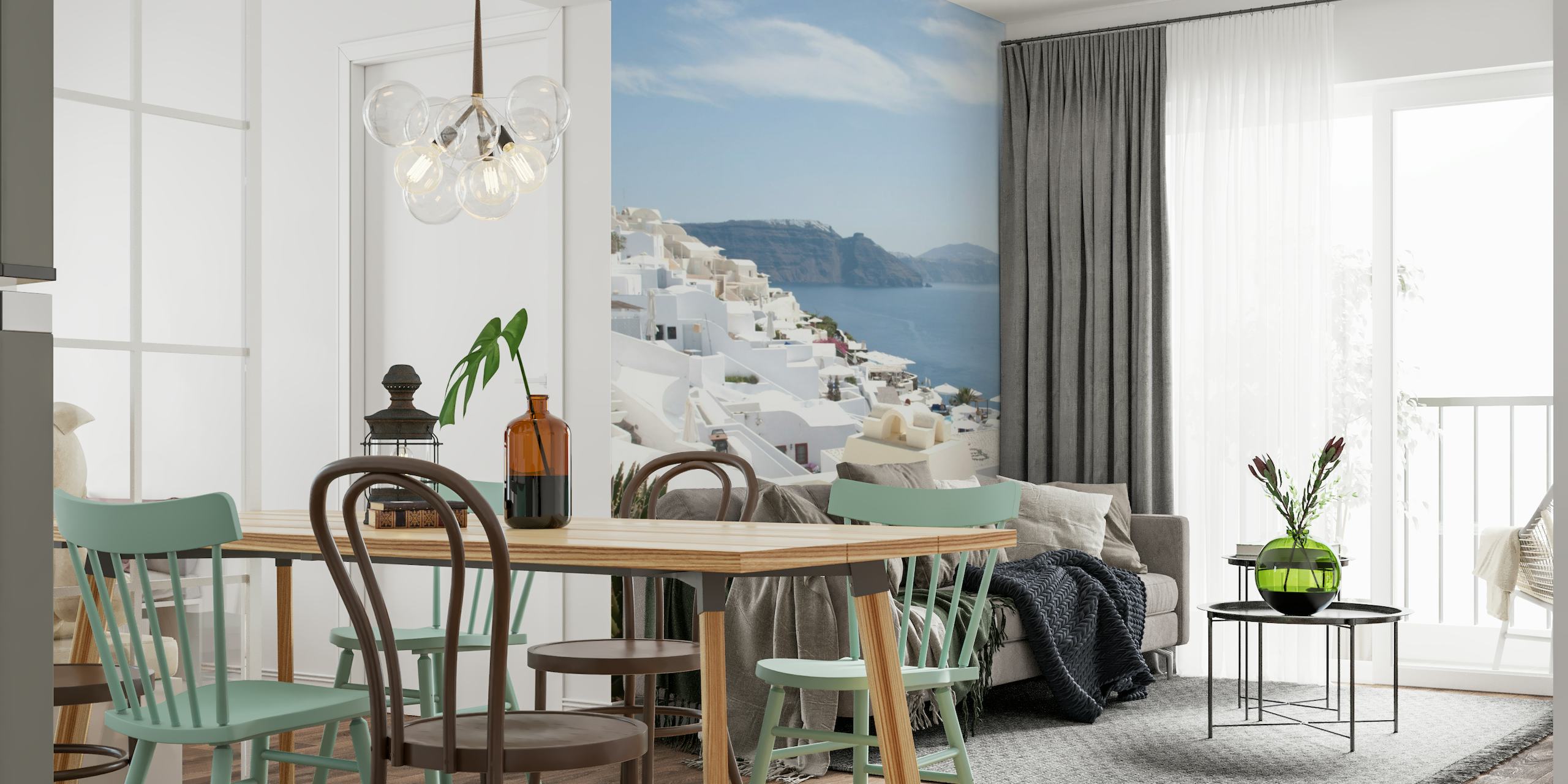 Fotomural vinílico de parede com cena da vila de Santorini Oia com céu limpo e vista para o Mar Egeu