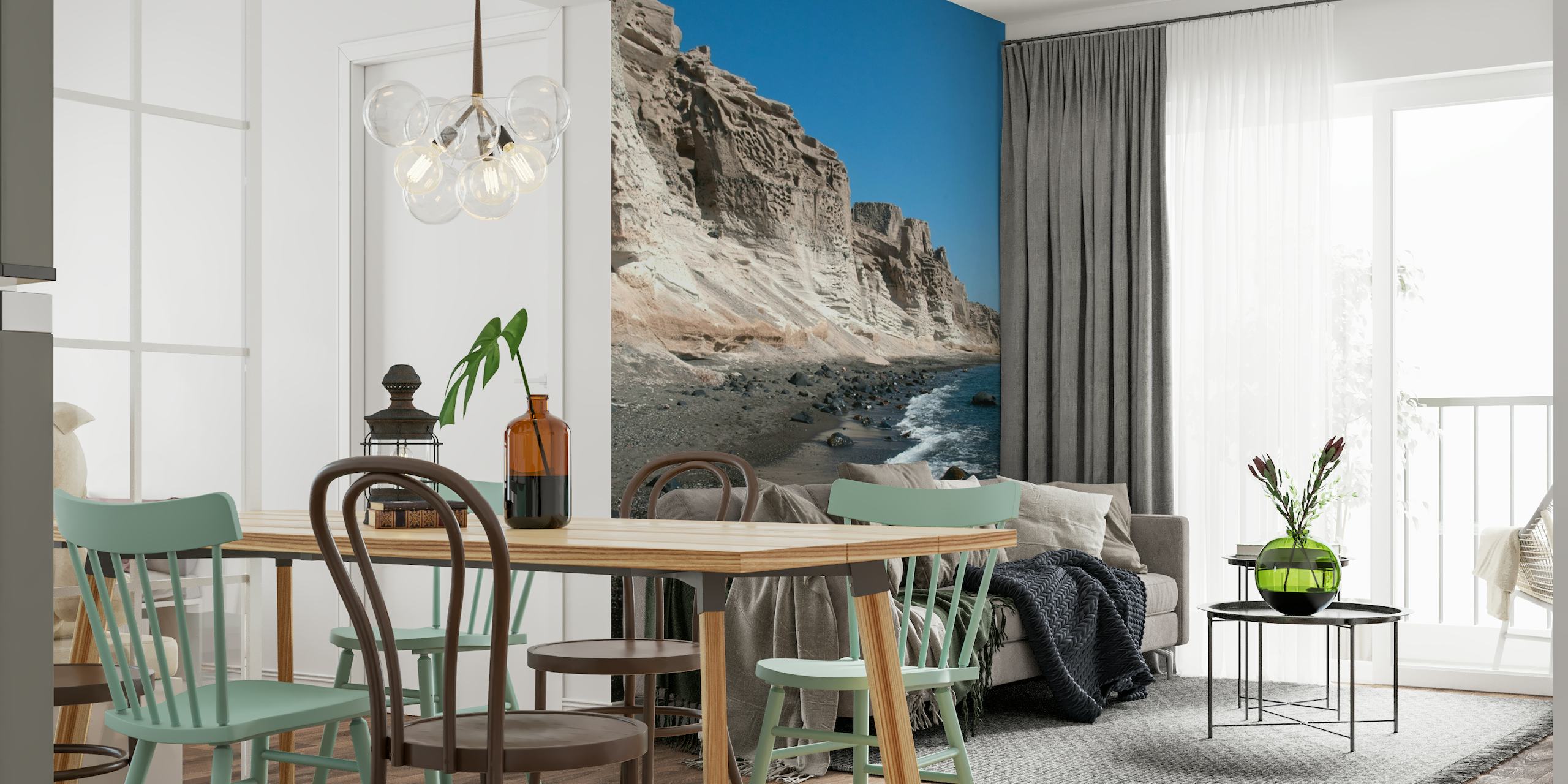 Photo murale de la côte de Santorin représentant les falaises escarpées et la mer de cobalt de la Grèce