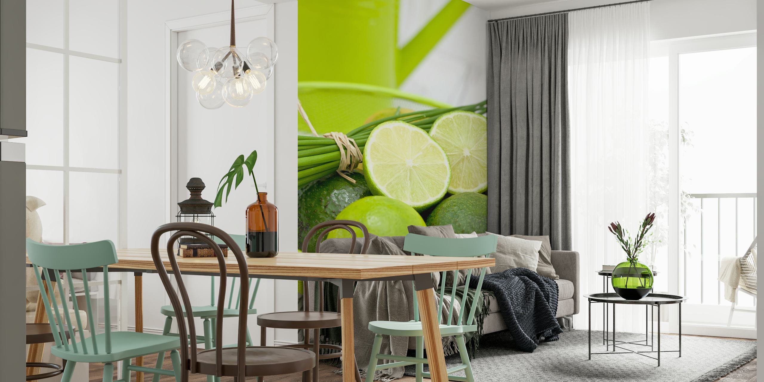 Lime green wallpaper featuring citrus motifs of fresh limes and avocados in a bowl.