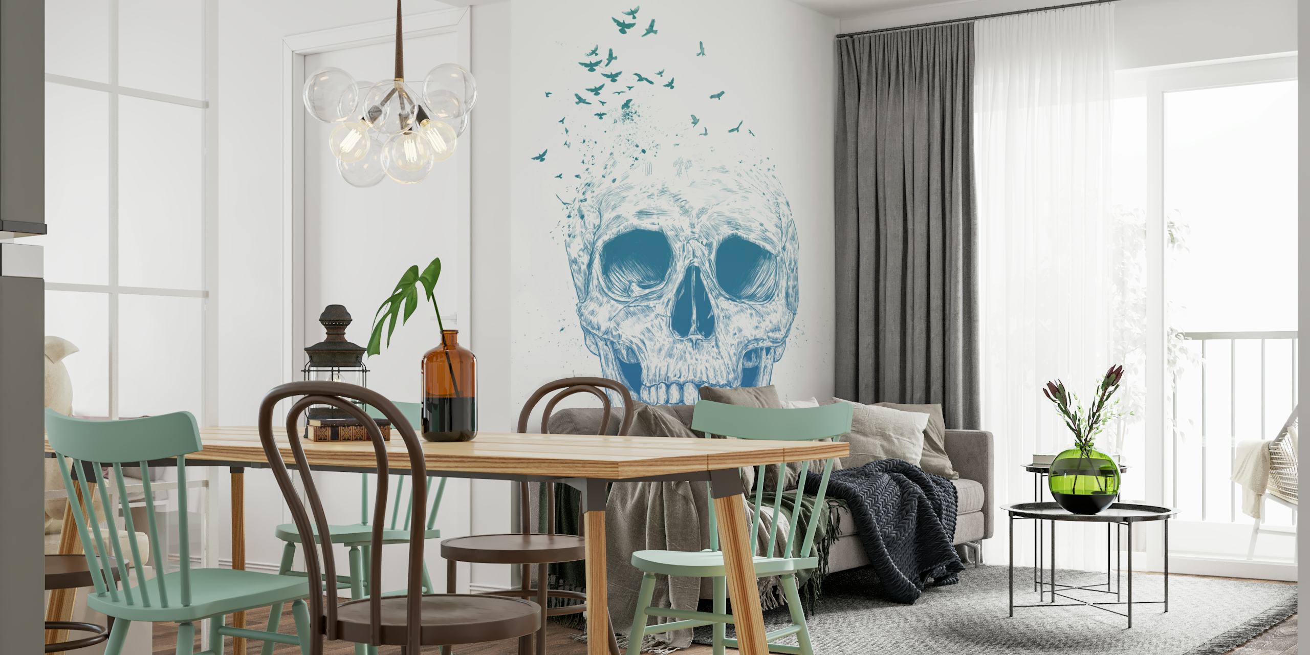 Skull illustration with blue gradient and birds wallpaper