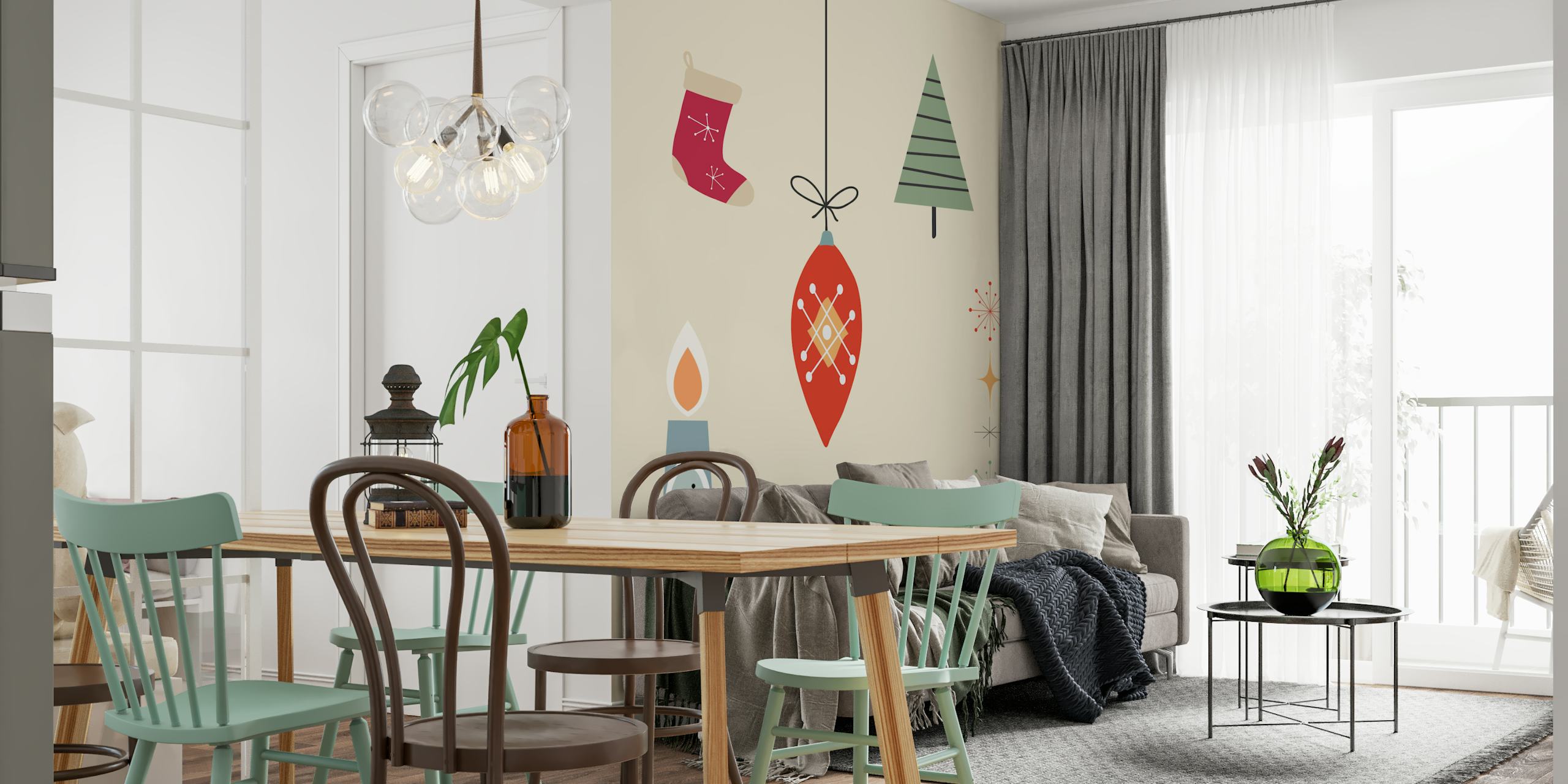 Retro jouluseinämaalaus, jossa kuvitettu sukka, puu, kynttilä ja lumihiutaleet