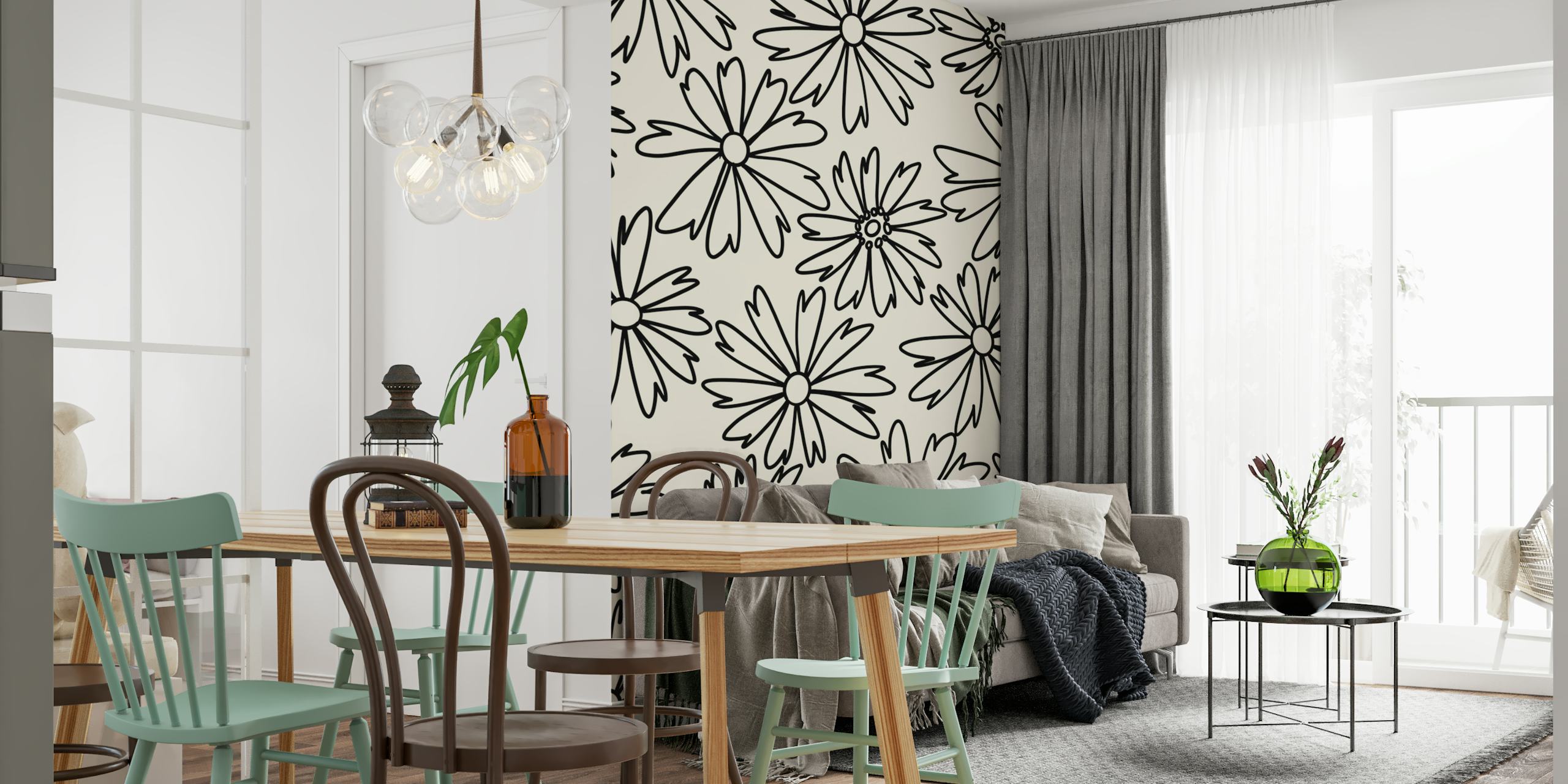 Black and white floral design wallpaper with bold outlines