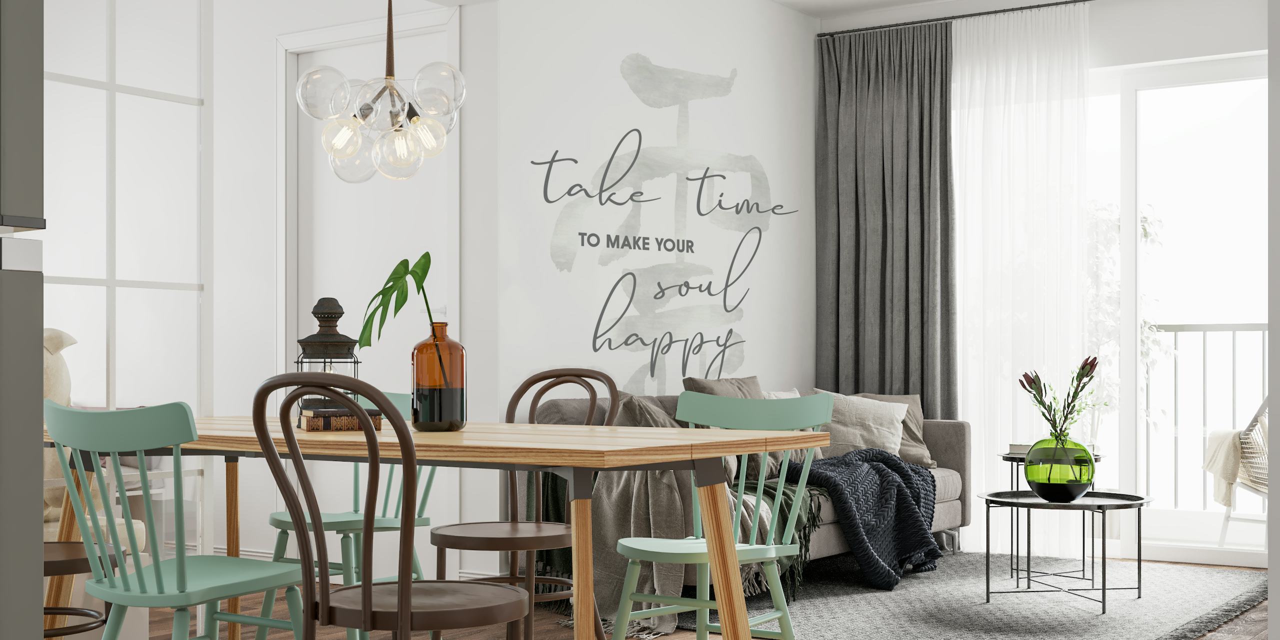Japandi-style calligraphy wall mural with a phrase about happiness in soft gray tones