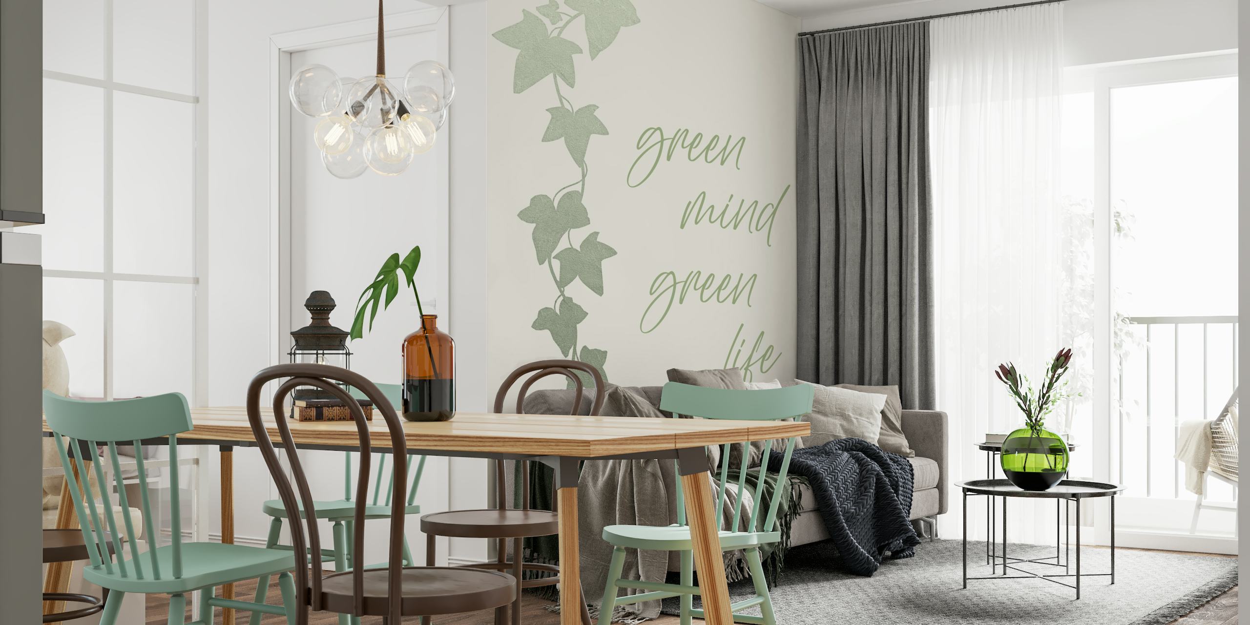 Grønne efeublade vægmaleri med 'Green mind - Green life' script