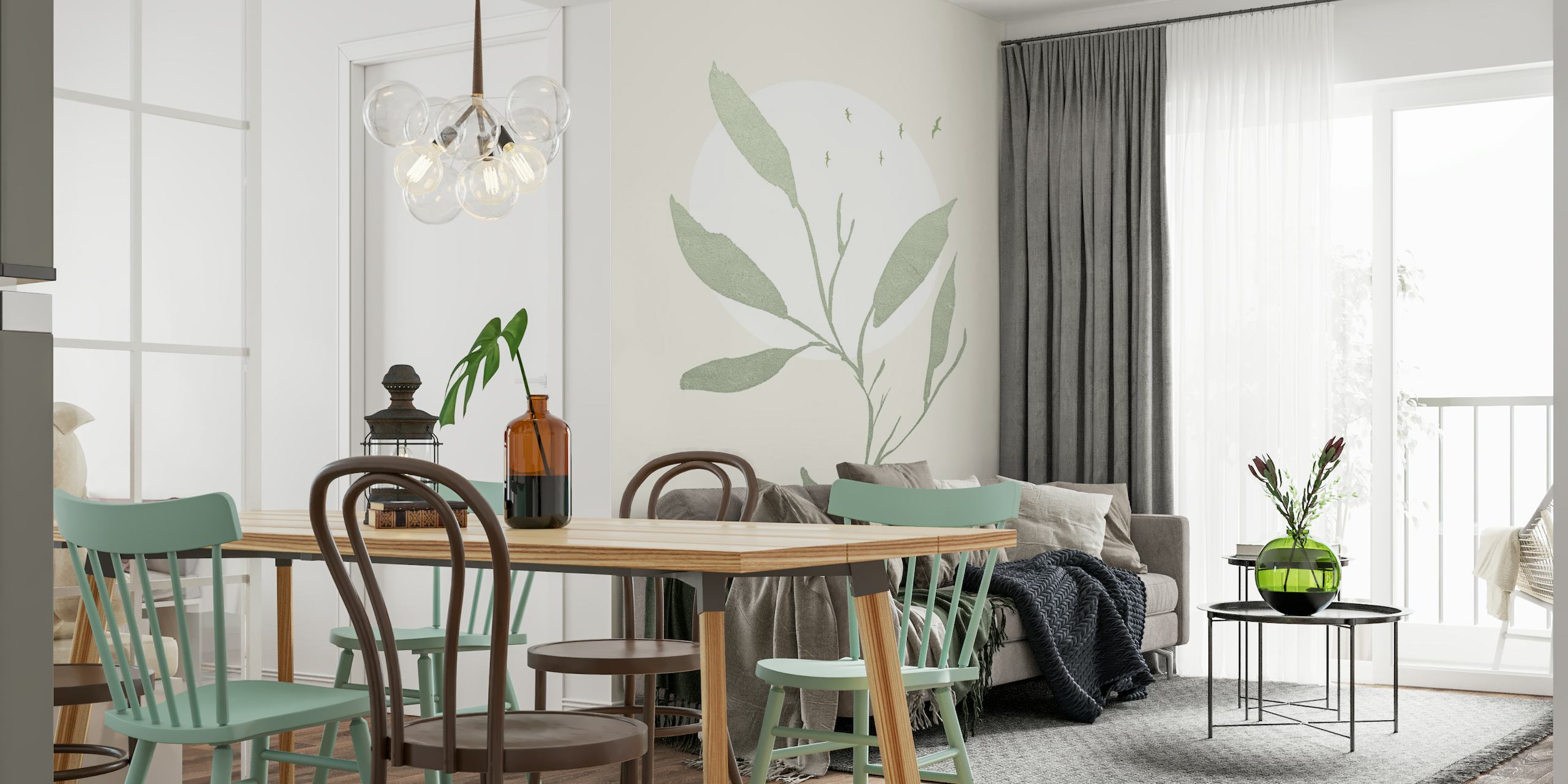 Earth-inspired wall mural with green leaves and 'Love Your Planet' script.