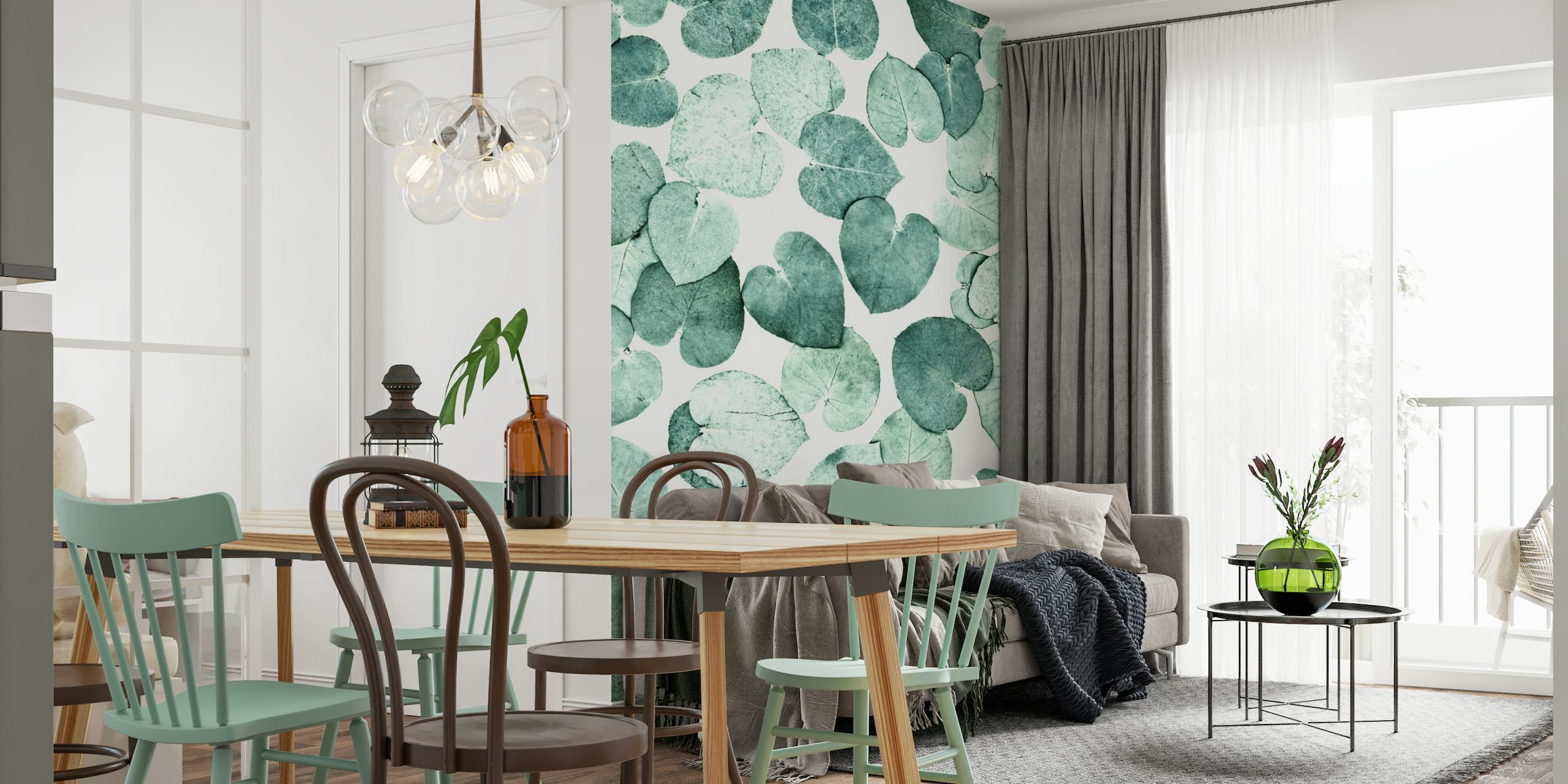 Green leaf pattern wall mural for tranquil interior design