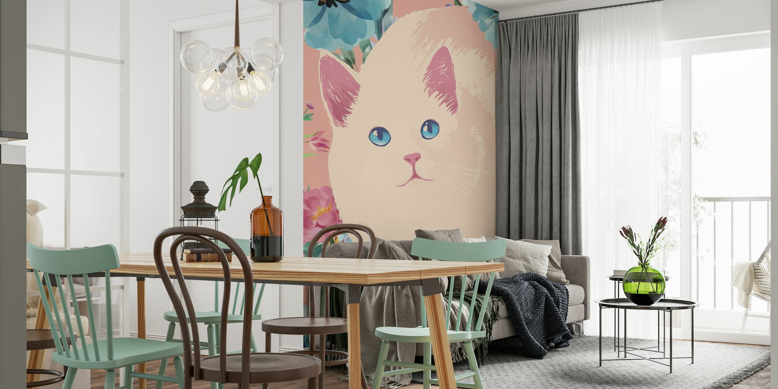 Whimsical 'Floral Cat Garden' wall mural with a pastel-colored fluffy cat amid blooming flowers