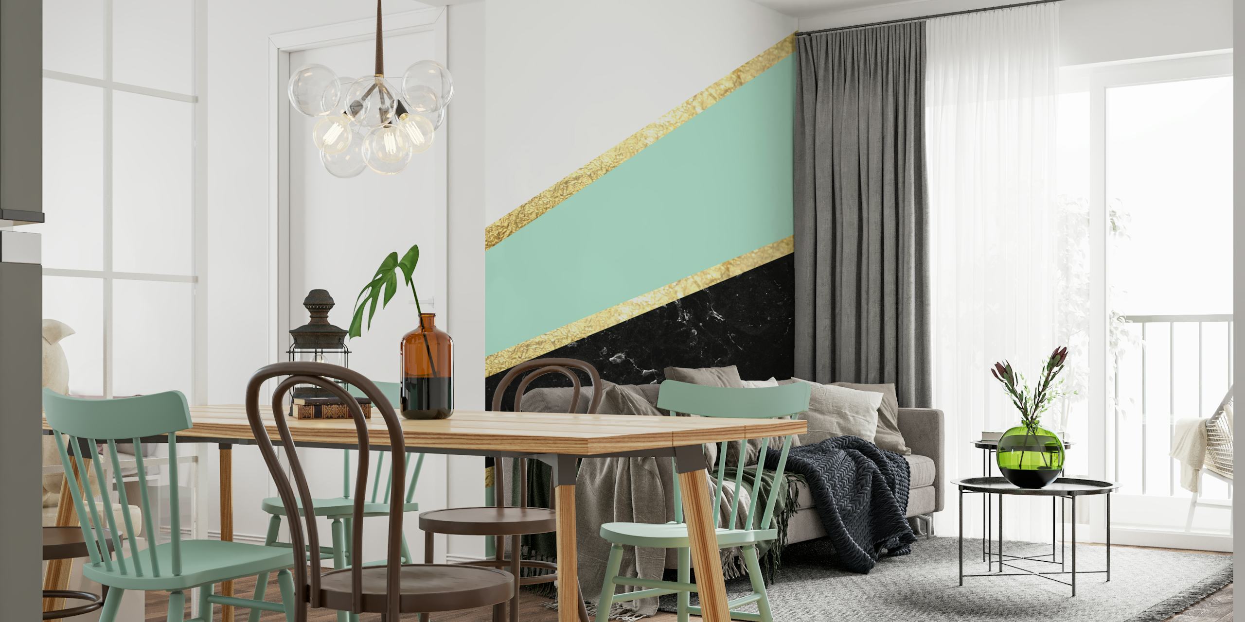 Mintgrønn og hvit marmorveggmural med svarte årer og gullakenter