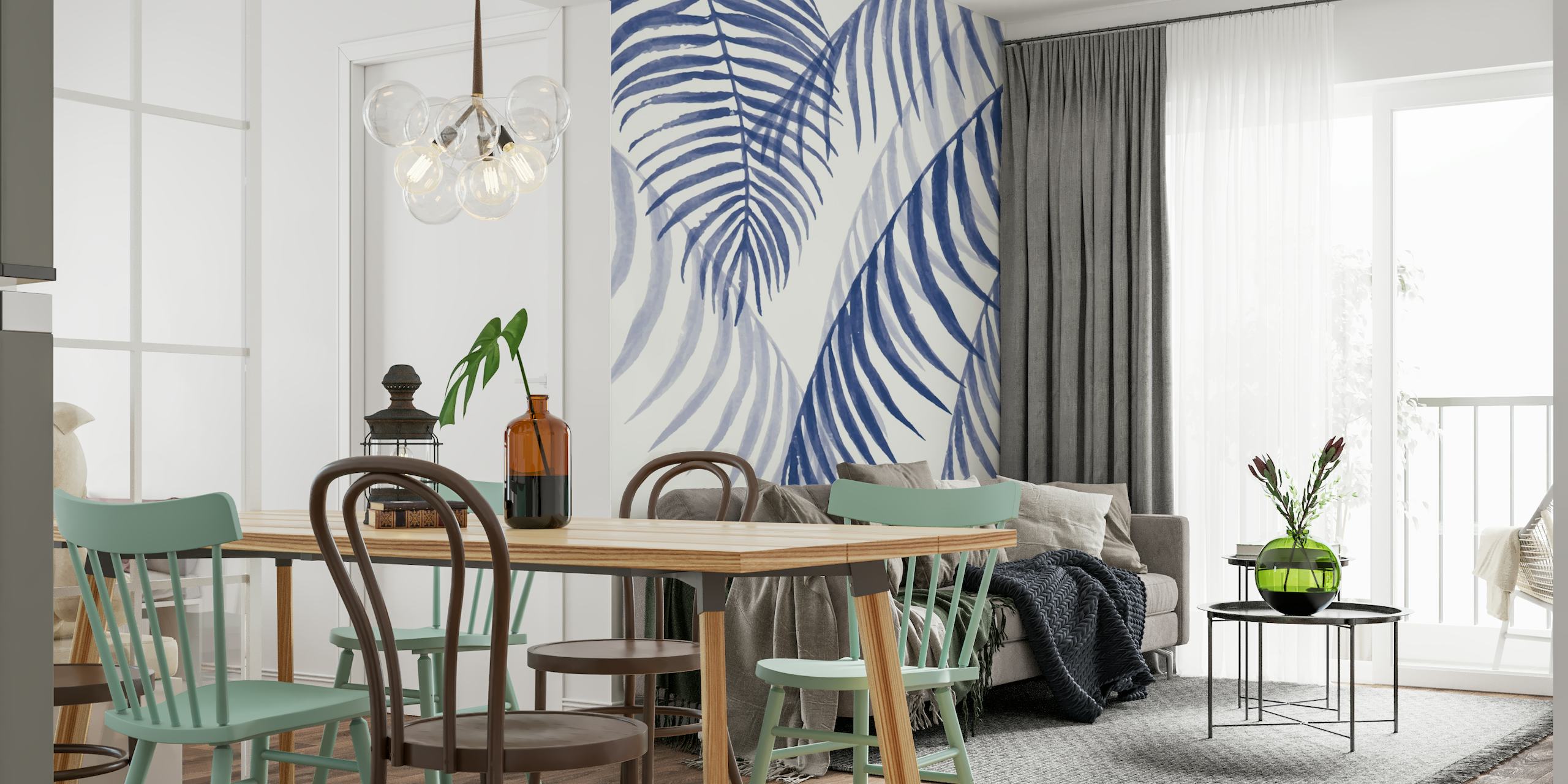 Siniset palmunlehdet seinämaalaus, jossa on trooppisia lehtiä luonnonvalkoisella taustalla.