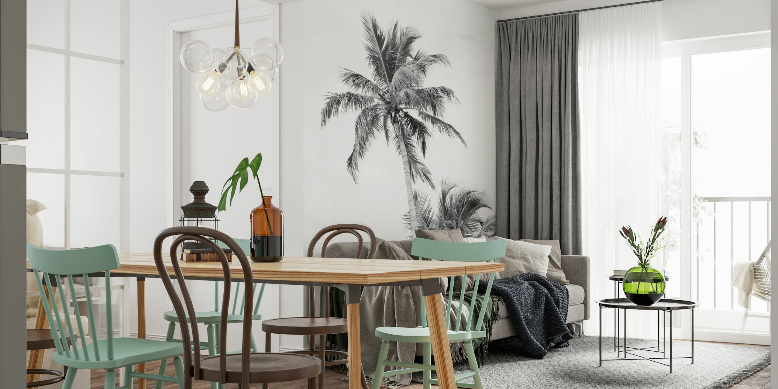 Tropical palm trees in black and white wallpaper