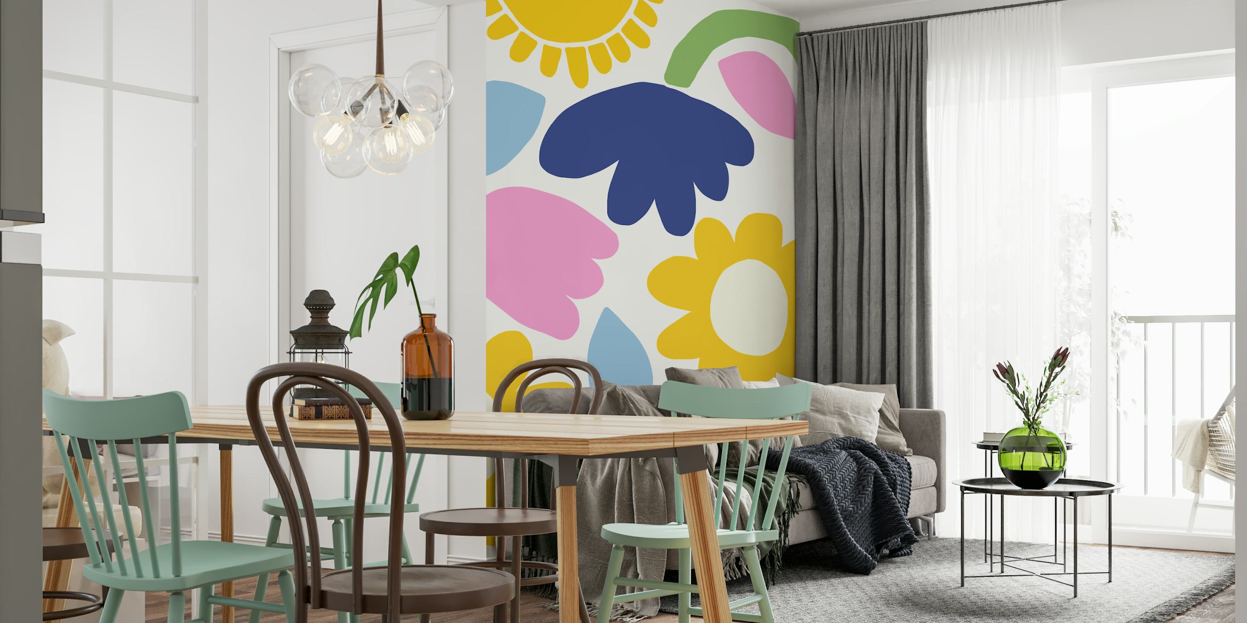 Colorful sun and flower motifs on cream background wallpaper