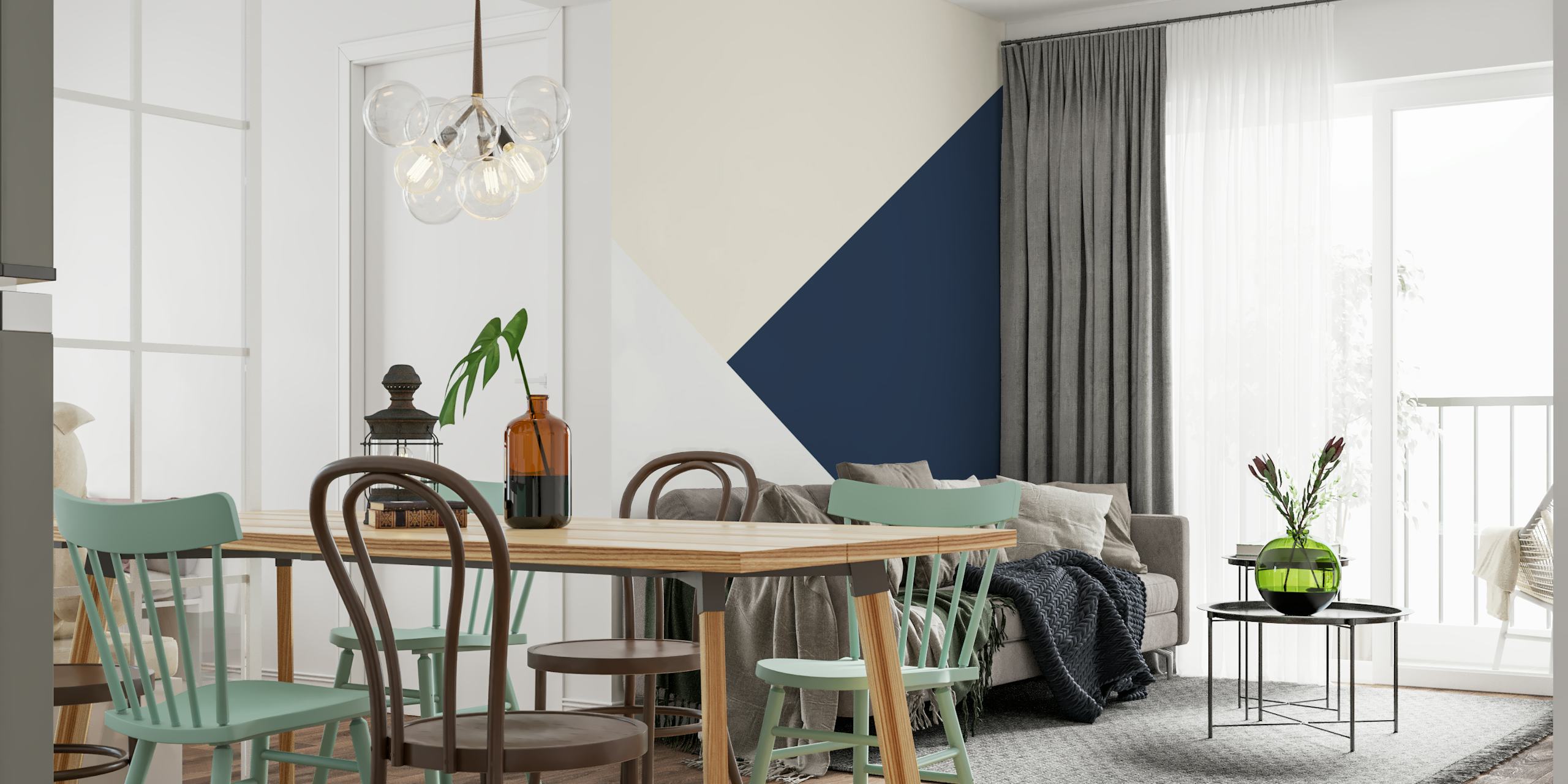 Geometric shapes in blush pink, blue, and white wallpaper