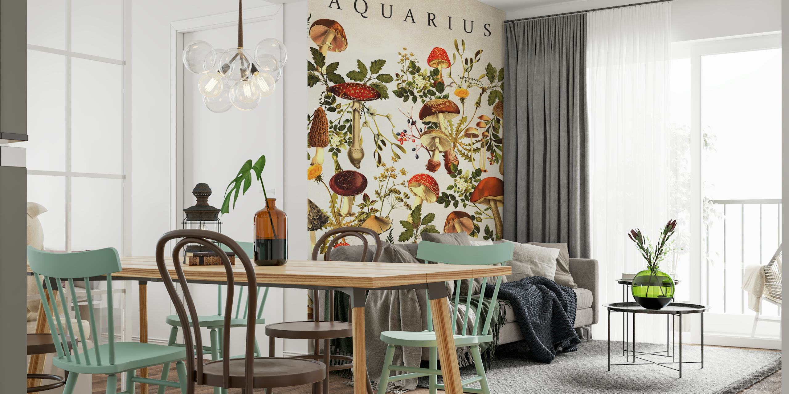 Mushrooms and floral patterns in earthy tones wallpaper