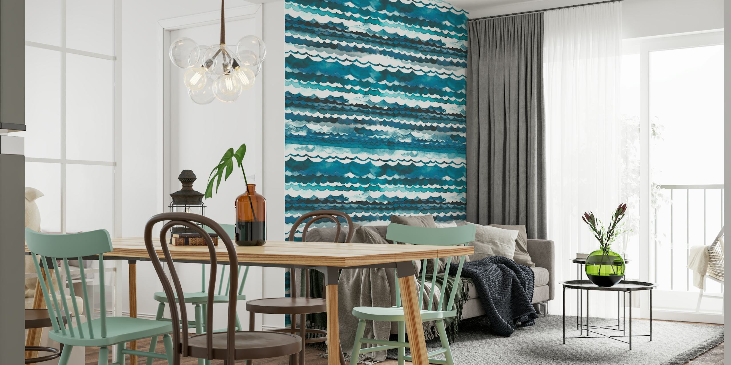 Patrón abstracto de olas del mar en tonos azul y aguamarina para un mural de pared