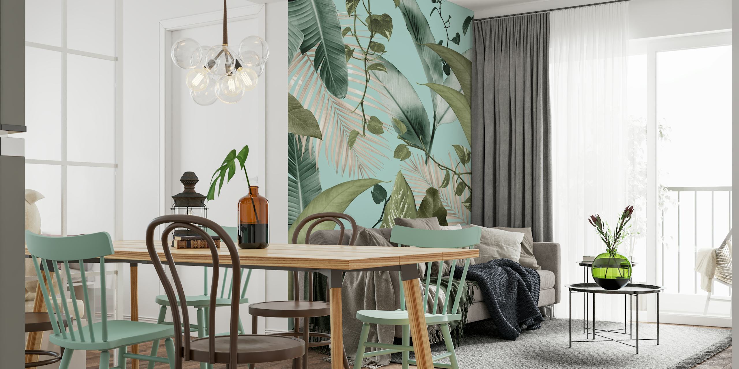 Papier peint mural à thème botanique avec feuilles de palmier et feuillage sur fond sarcelle