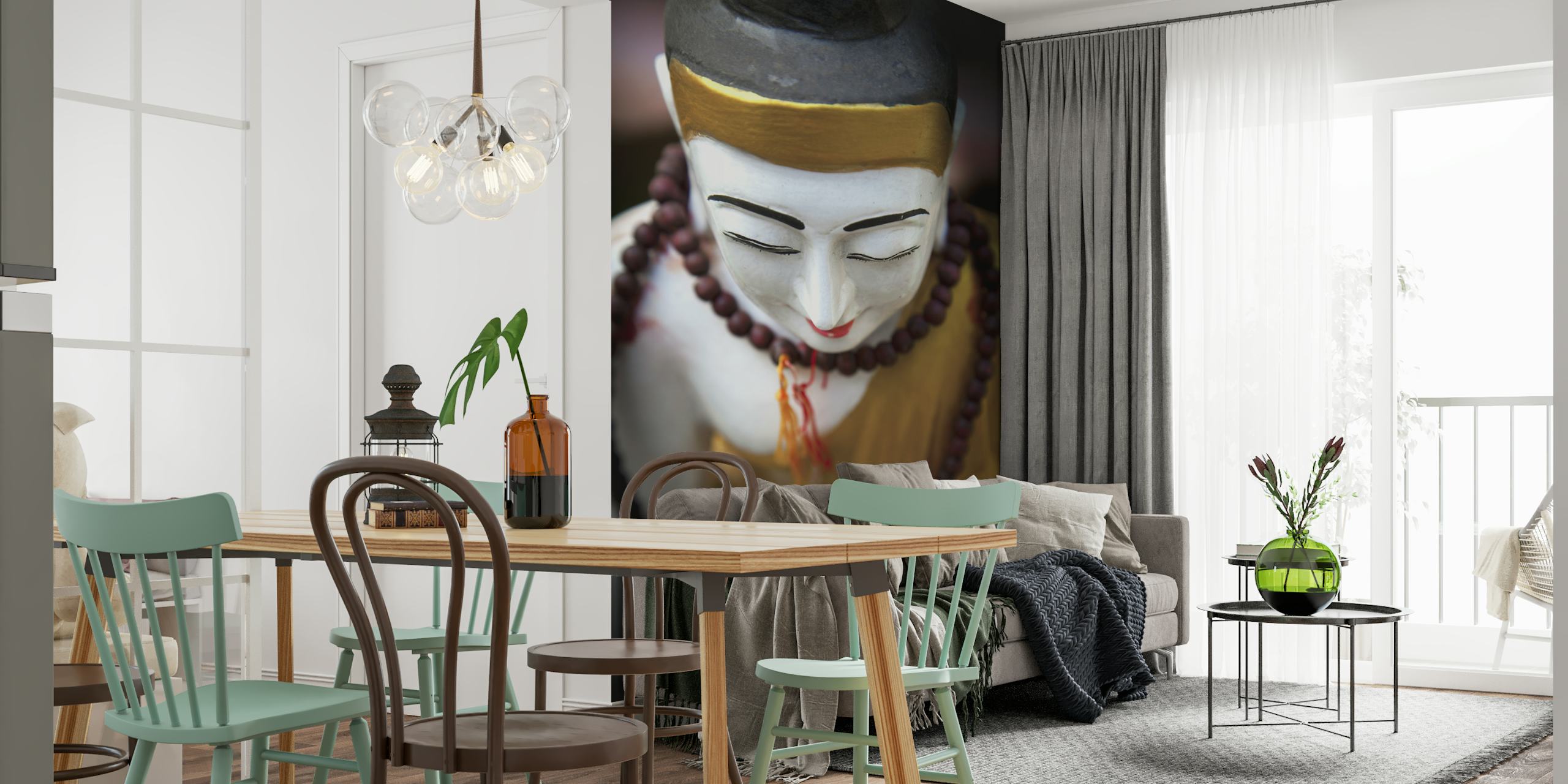 Fotomural de pared con estatua de Buda dorado con expresión pacífica y adornos tradicionales.