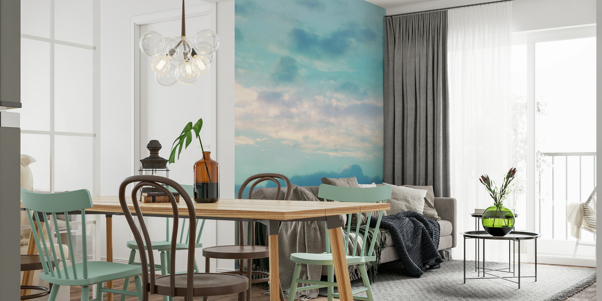 Fotomural cielo azul pastel suave con nubes blancas esponjosas