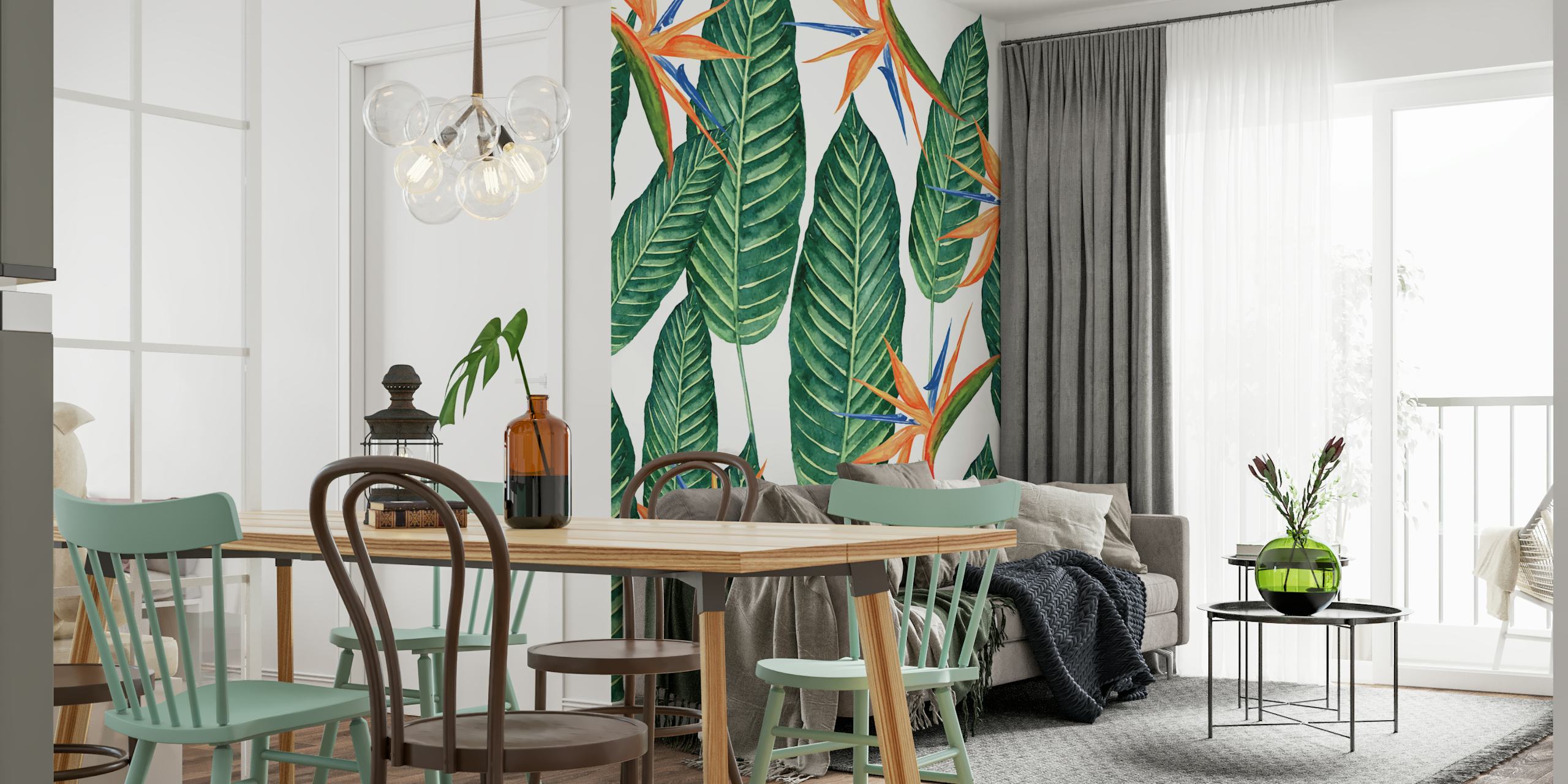 Tropical banana leaves with orange and blue flowers wallpaper