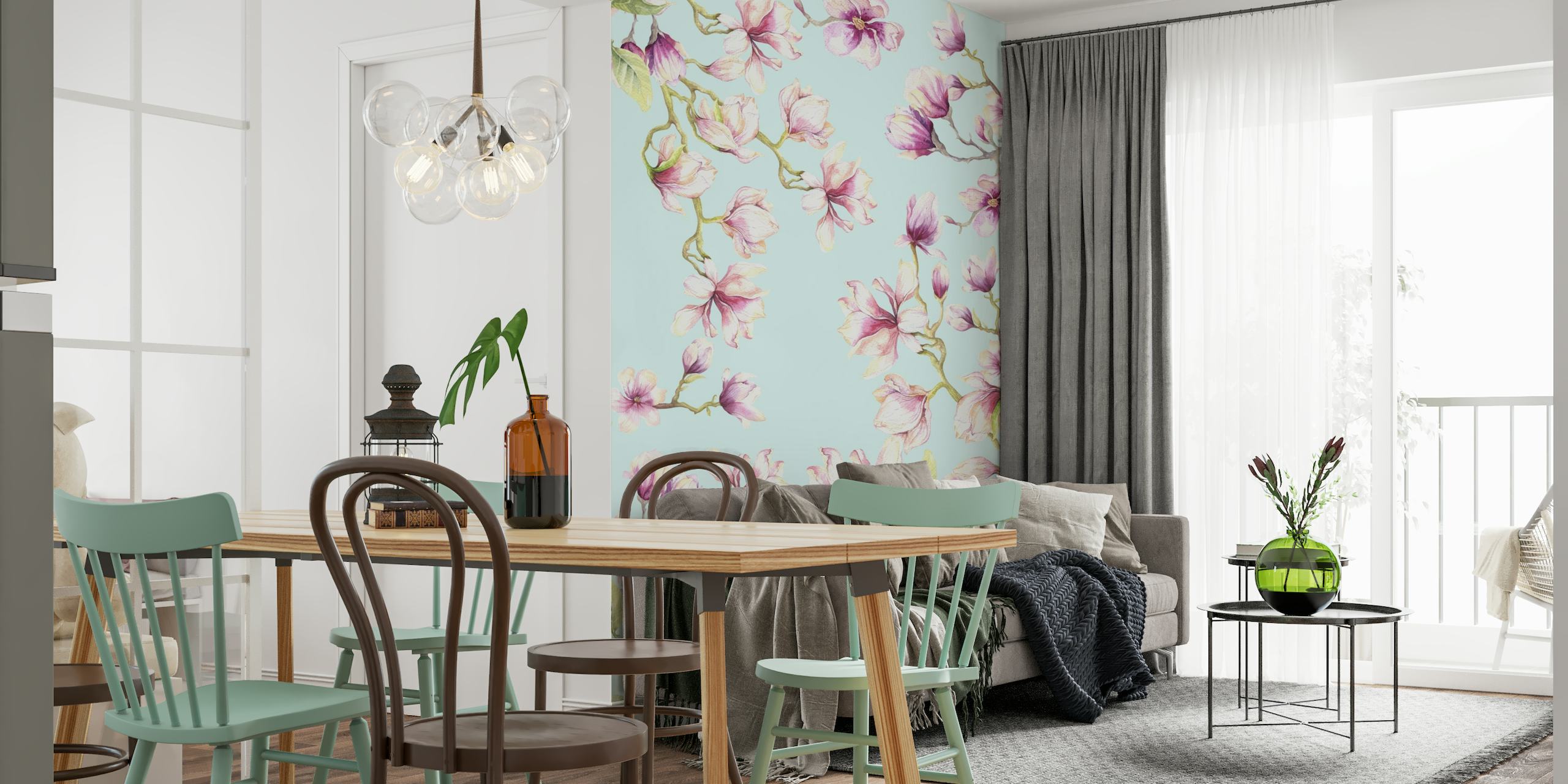Delicate Magnolia floral wall mural with pink and violet flowers
