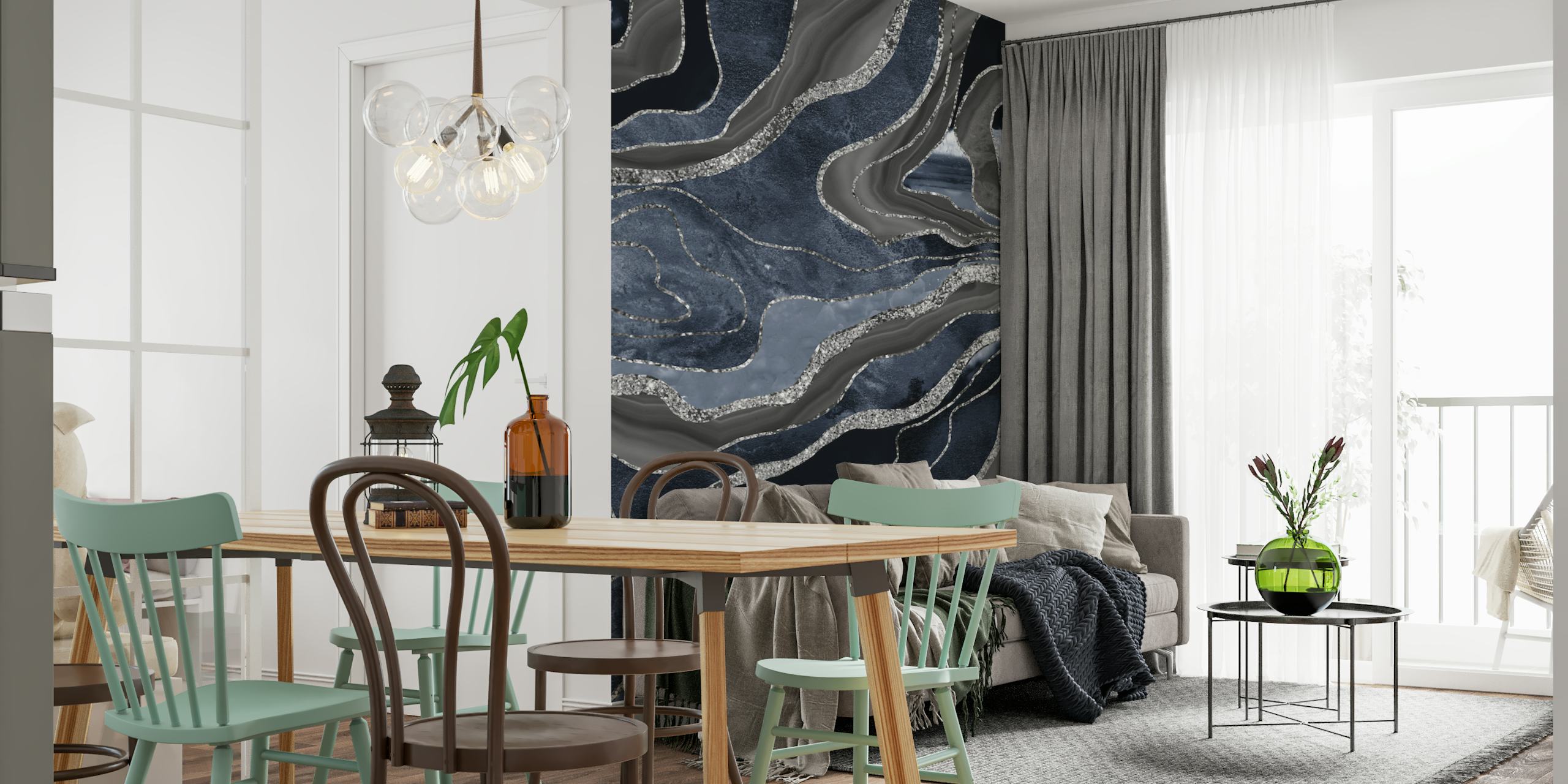 Blue black agate silver wallpaper in a room