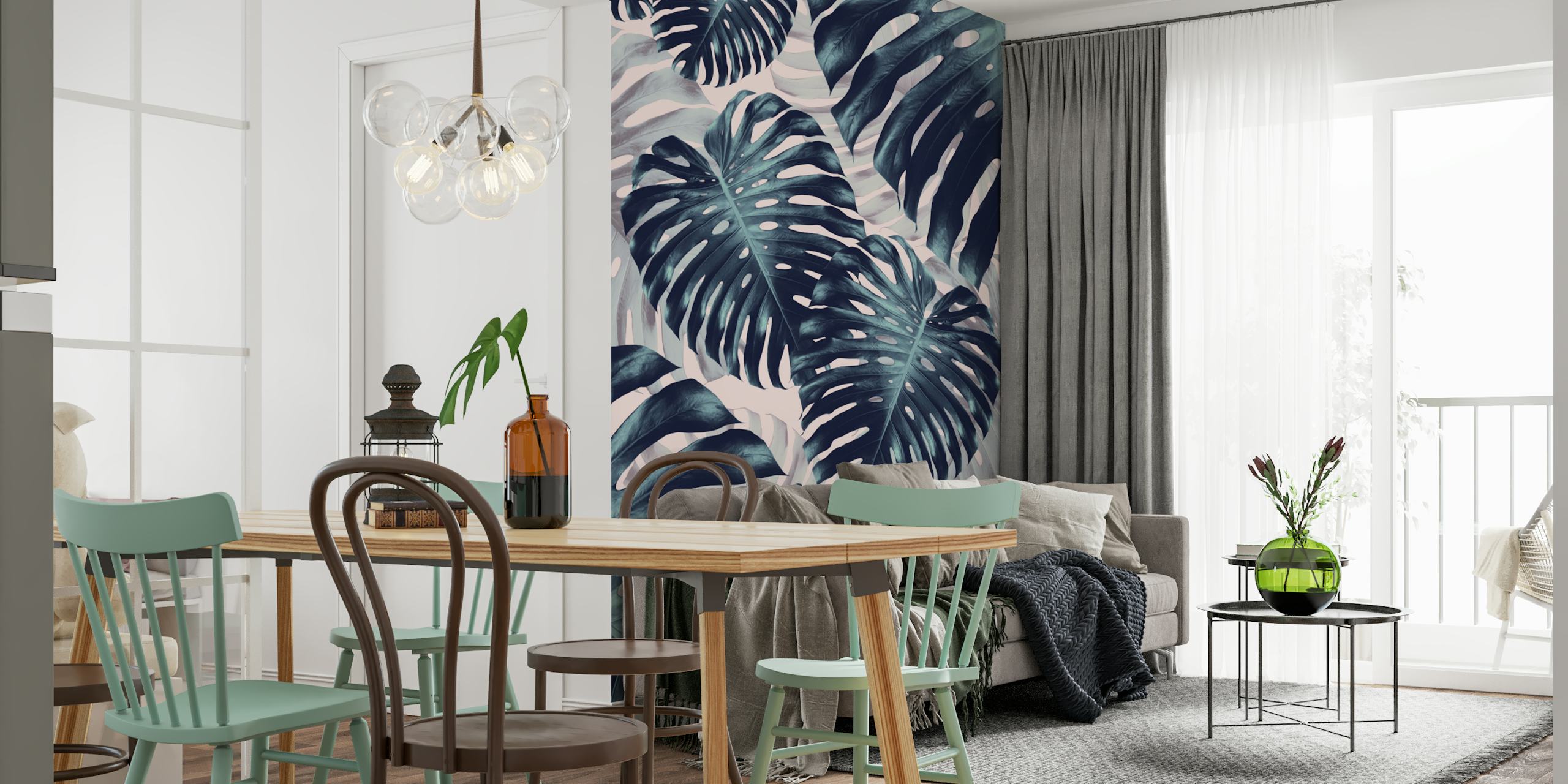 Tropical Monstera leaves pattern wall mural in a blue and green color scheme