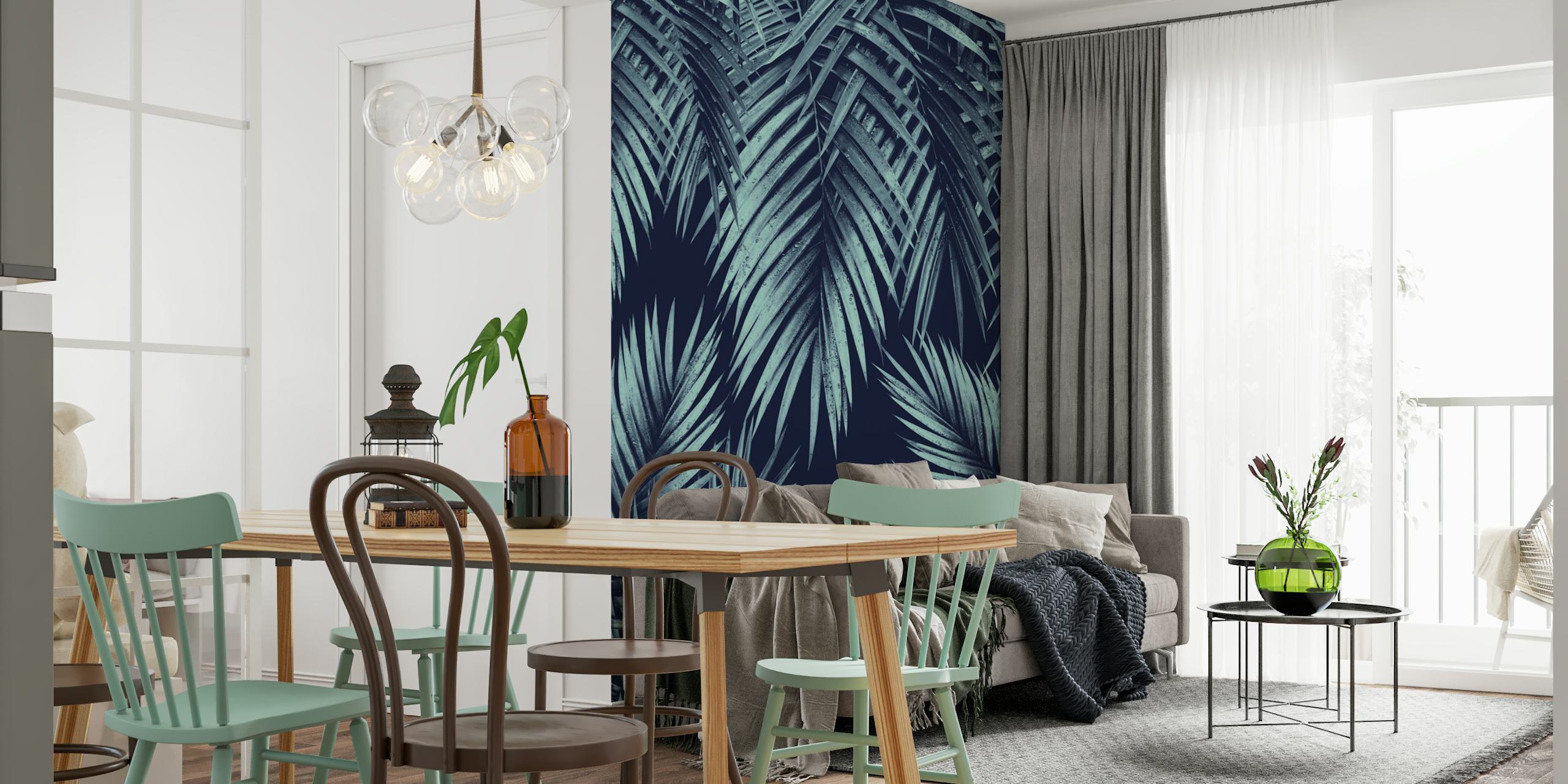 Palm Leaf Jungle Night Vibes fototapet med mörk bakgrund