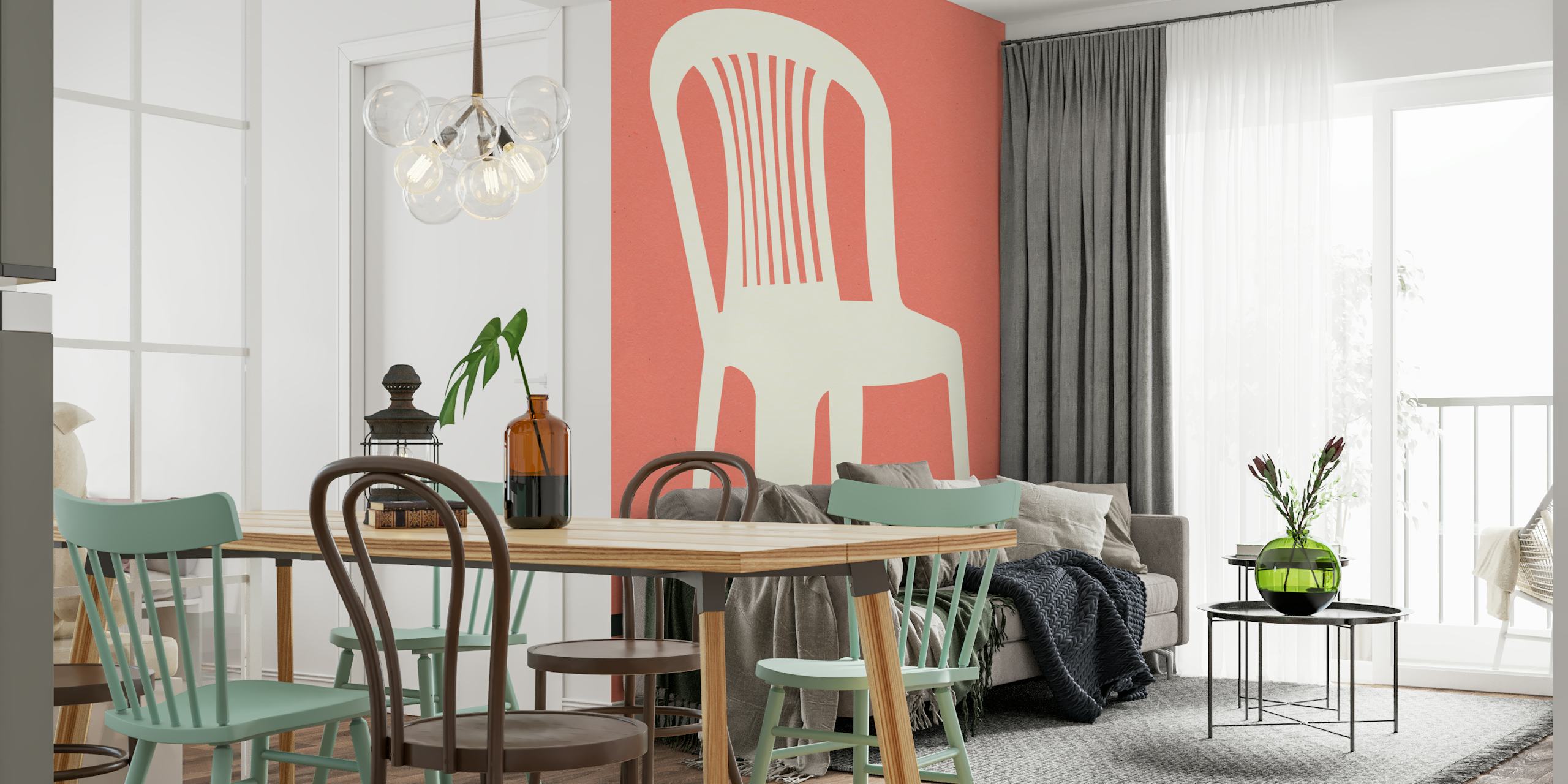 Minimalist chair illustration in white on coral background wallpaper