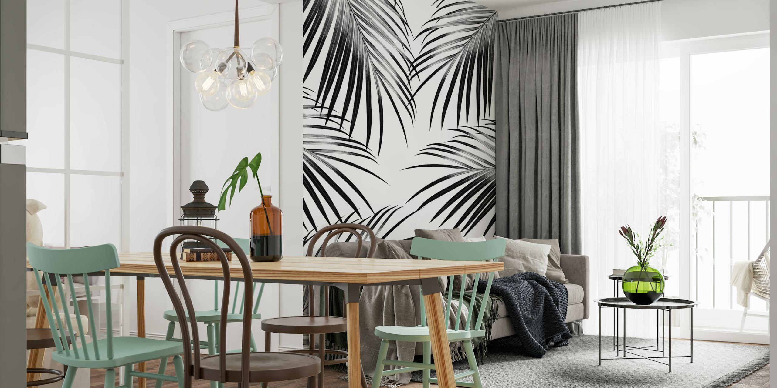 Black palm leaves wallpaper in a room