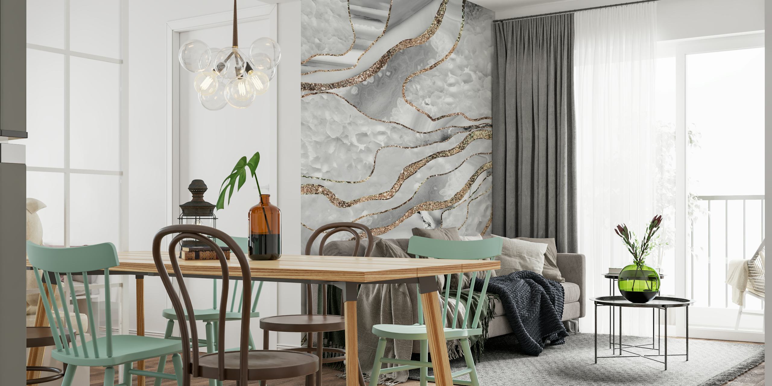 White and gold agate-patterned wall mural with glitter accents