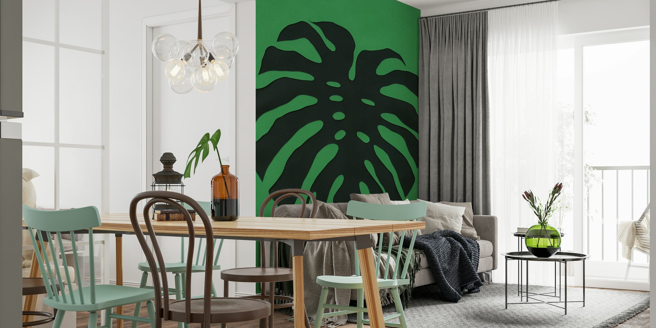 Sort Monstera blad silhuet på et levende grønt baggrundsvægmaleri