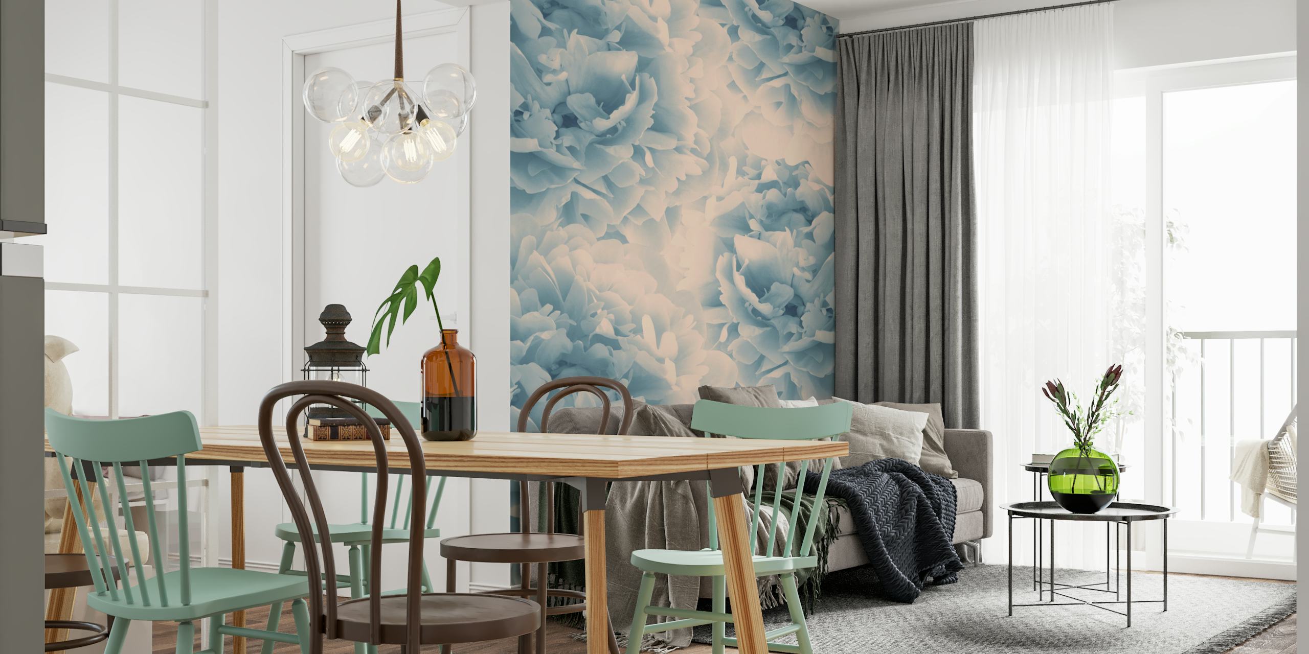 Large blush blue peonies floral wallpaper
