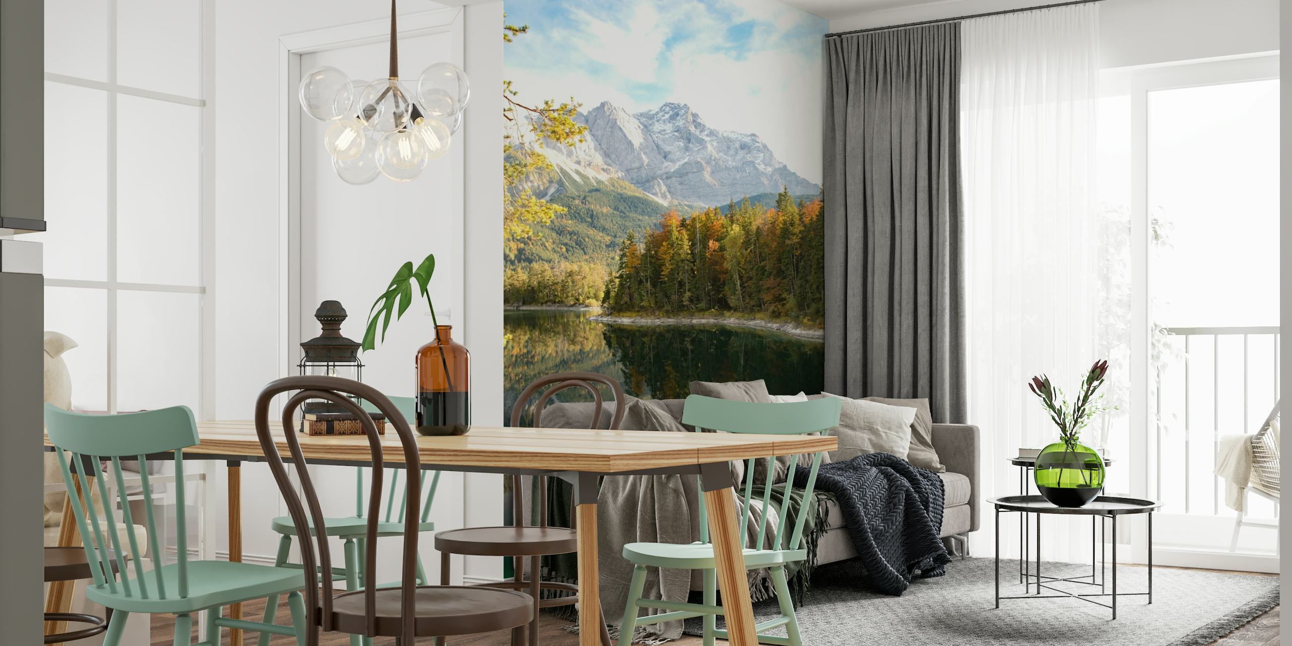Mountain lake scenery with forest and reflections wall mural