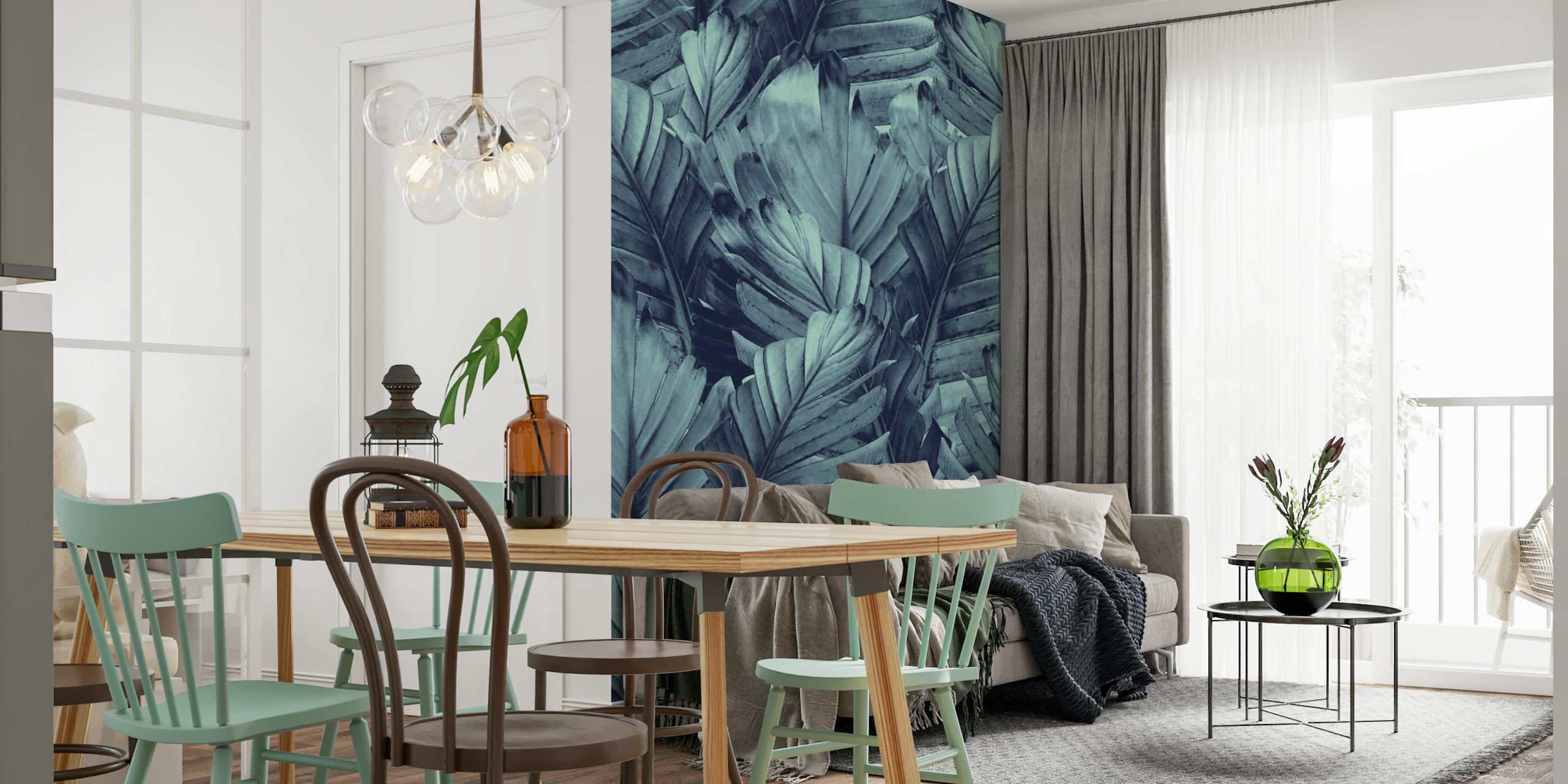 papier peint Navy Blue Banana Leaves dans une pièce