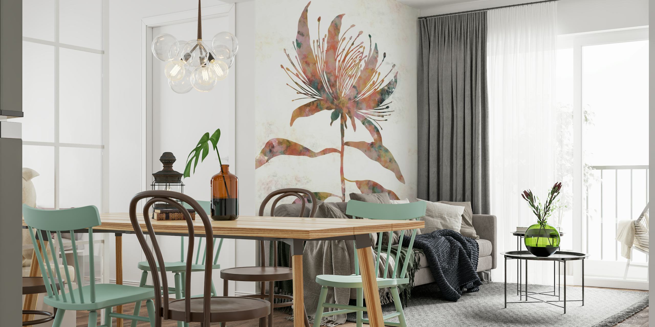 Floral silhouette wall mural with soft pastel shades and botanical textures