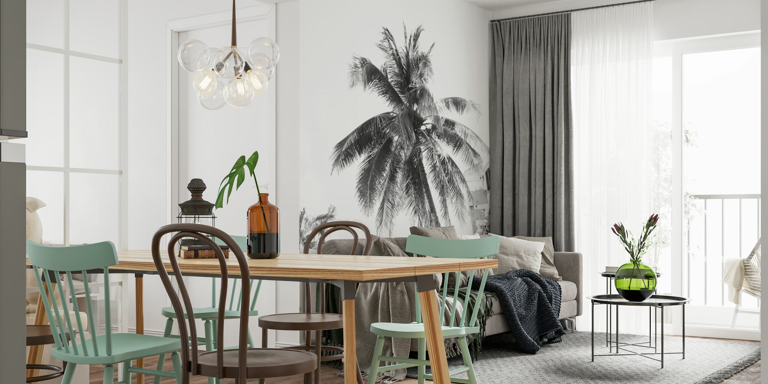 Monochrome Caribbean street scene wall mural with a palm tree and bicycle.