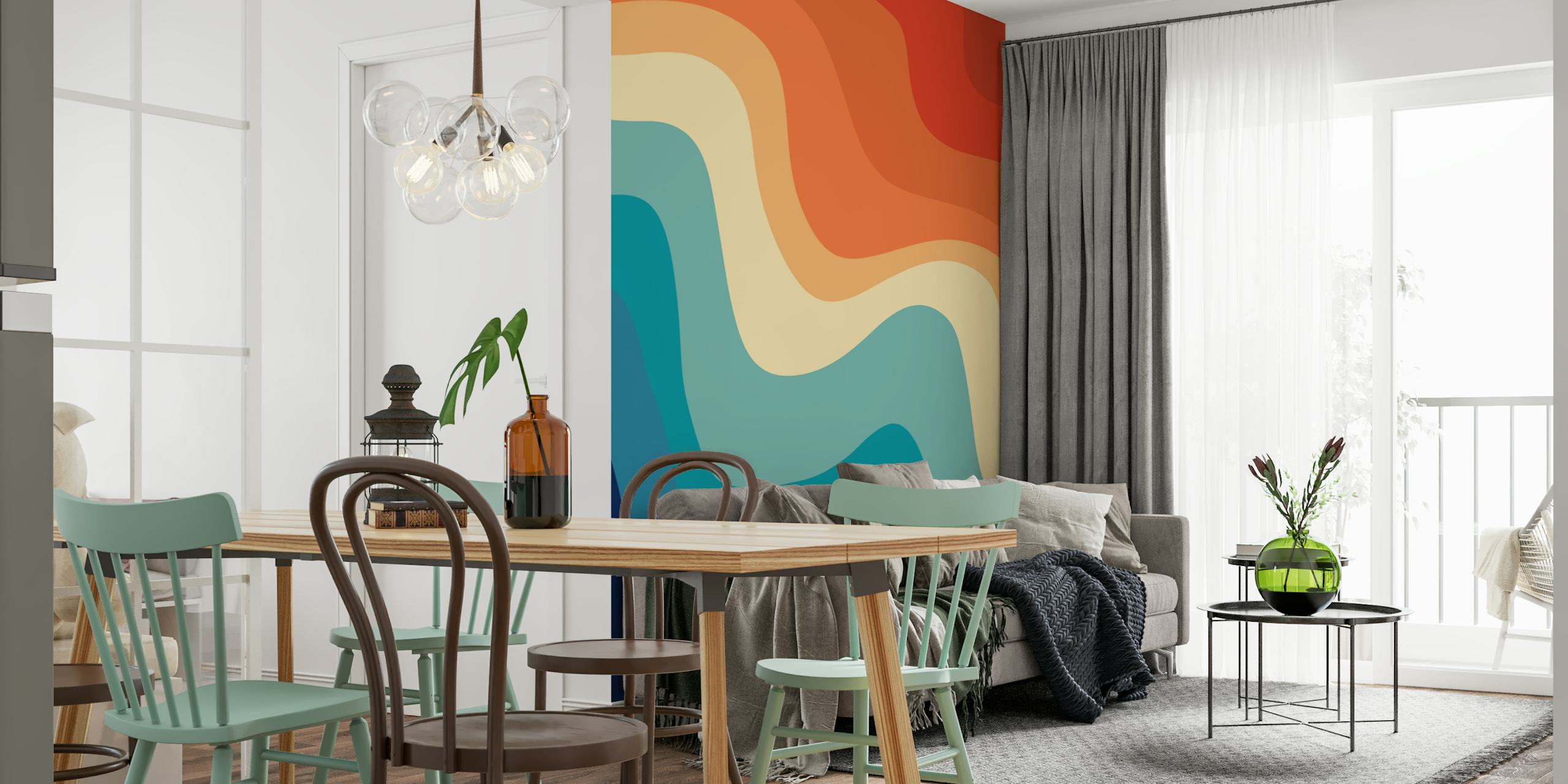 Fotomural con estampado de remolinos retro abstracto en tonos naranja, azul y crema.