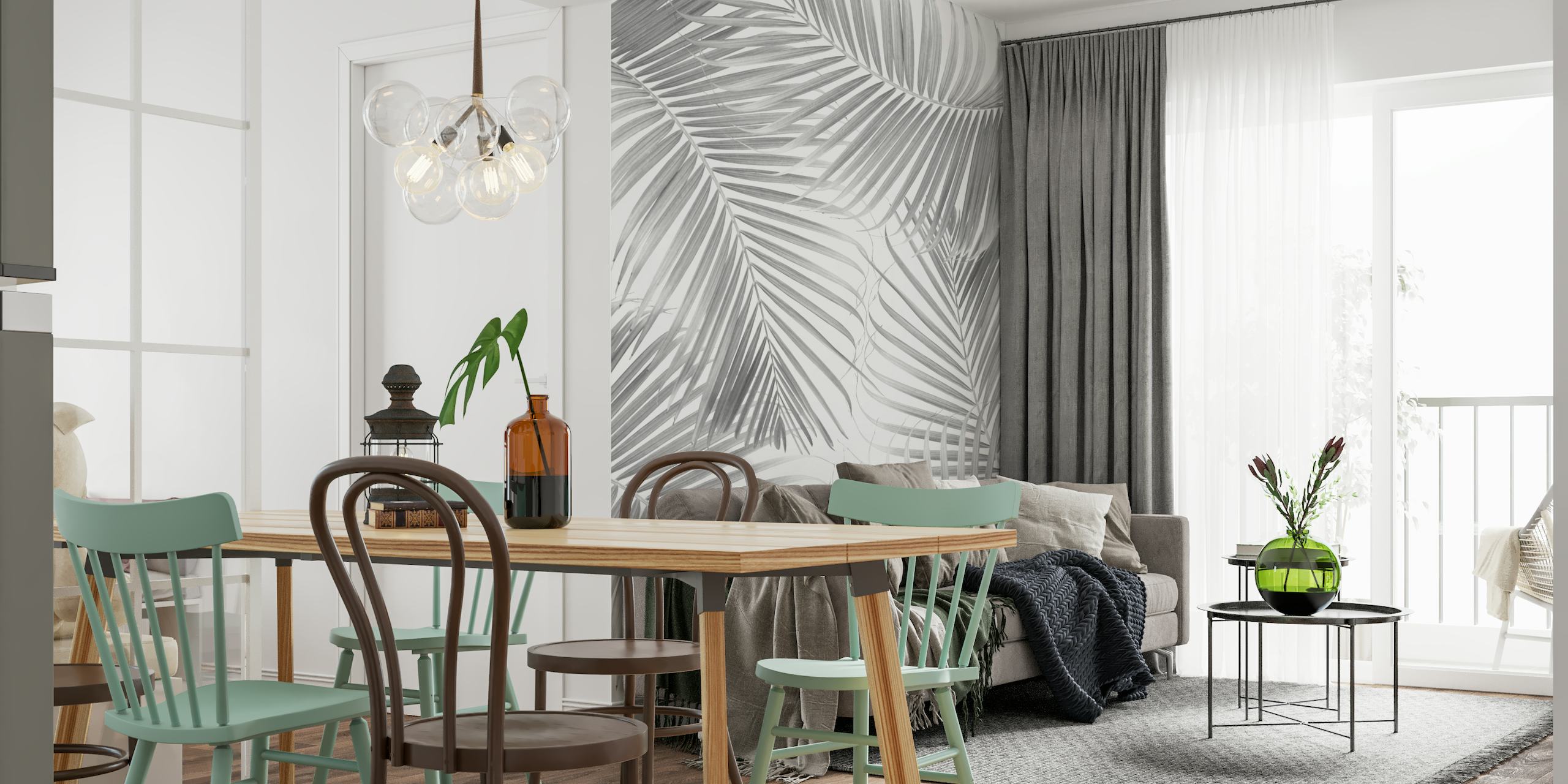 Monochrome muurschildering met palmbladpatroon voor een rustig interieur