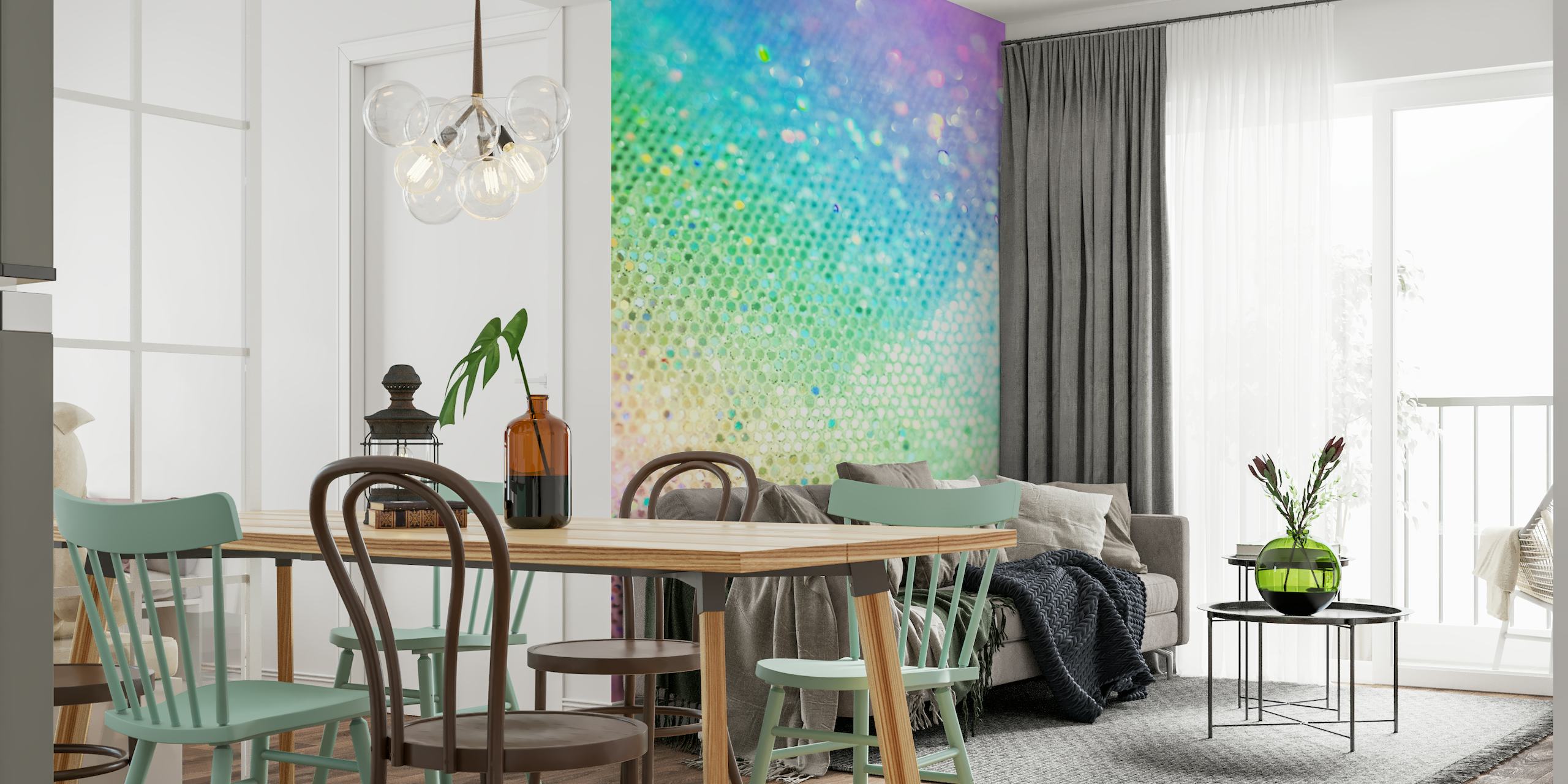 Et farverigt vægmaleri med en gradient af funklende glimmerprikker i regnbuefarver