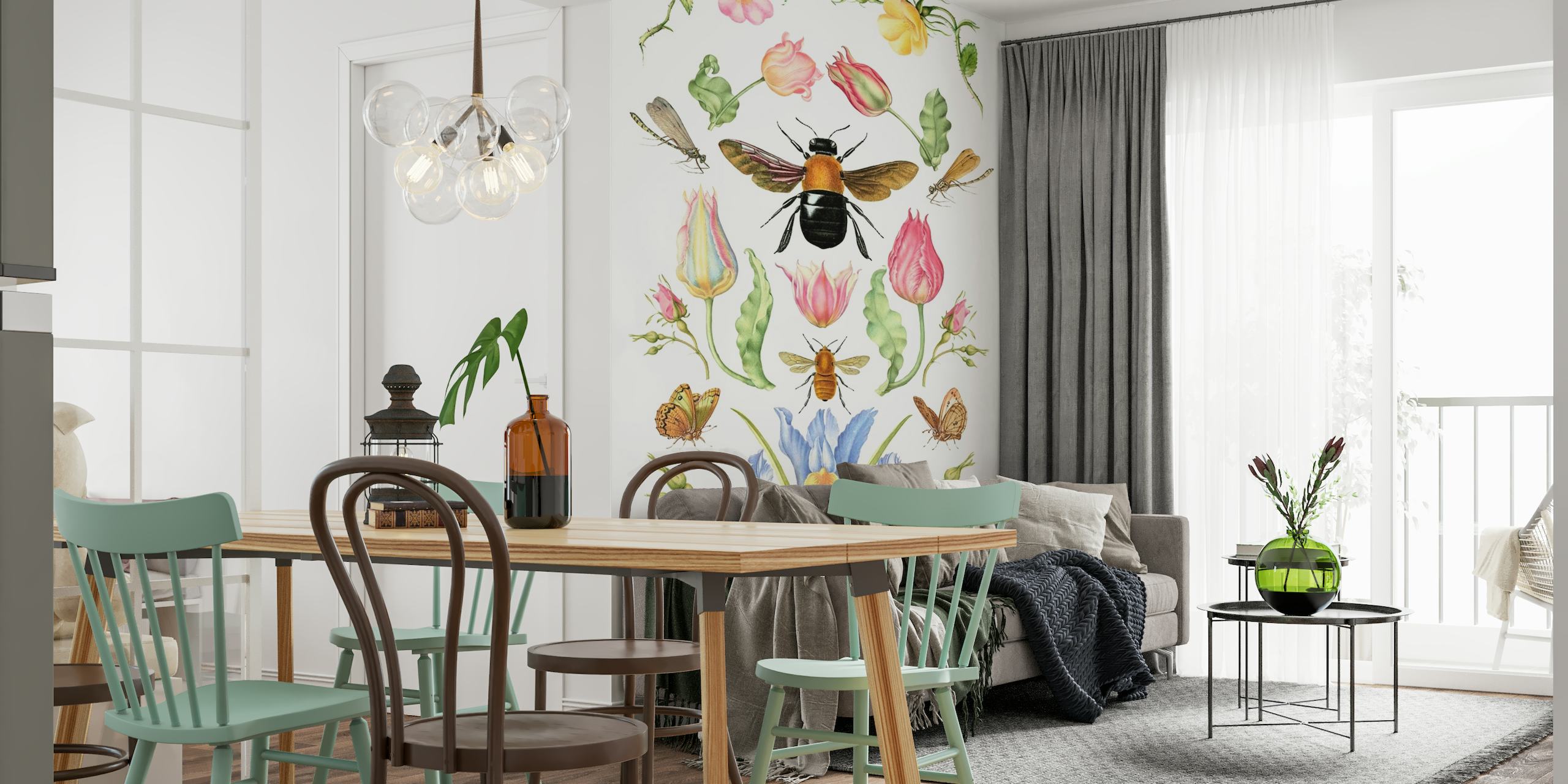 Vintage forårsblomster og insekter collage vægmaleri med pastelfarver